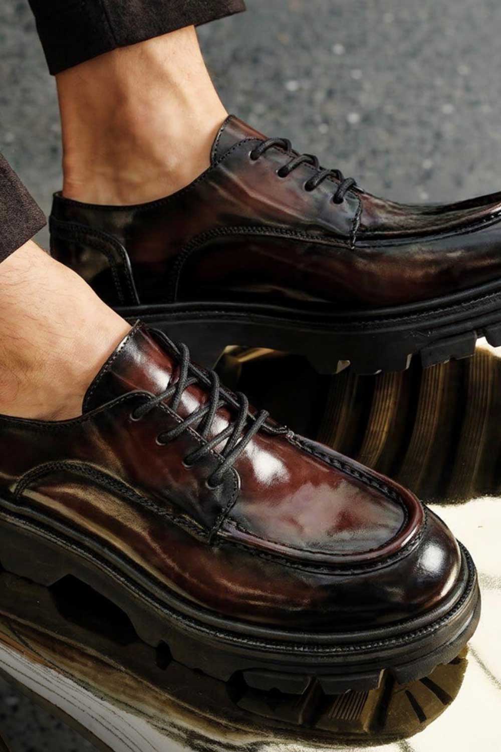 Premium Λουστρίνι Δερμάτινο Derby με Chunky Σόλα – Bordeaux Black