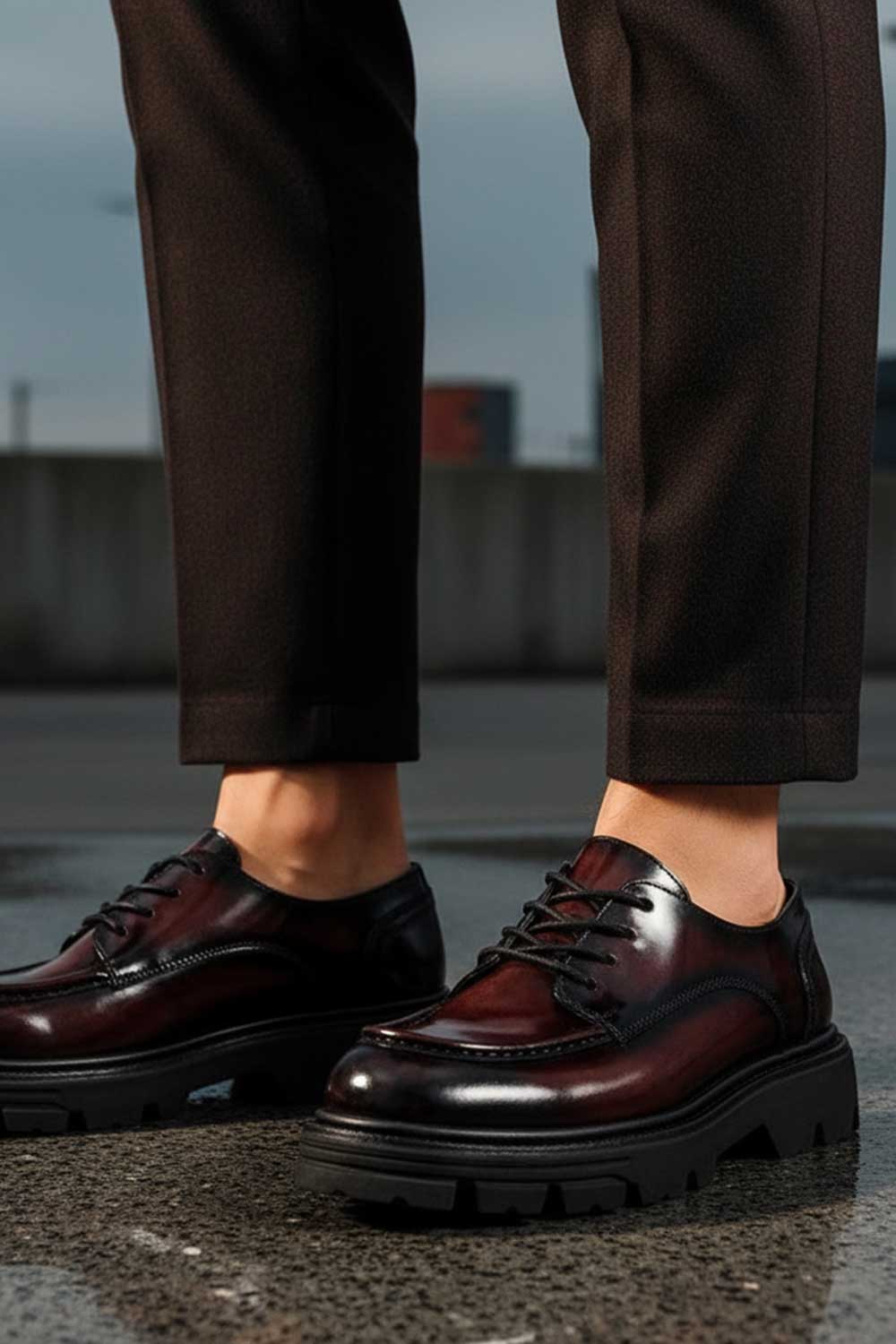 Premium Λουστρίνι Δερμάτινο Derby με Chunky Σόλα – Bordeaux Black