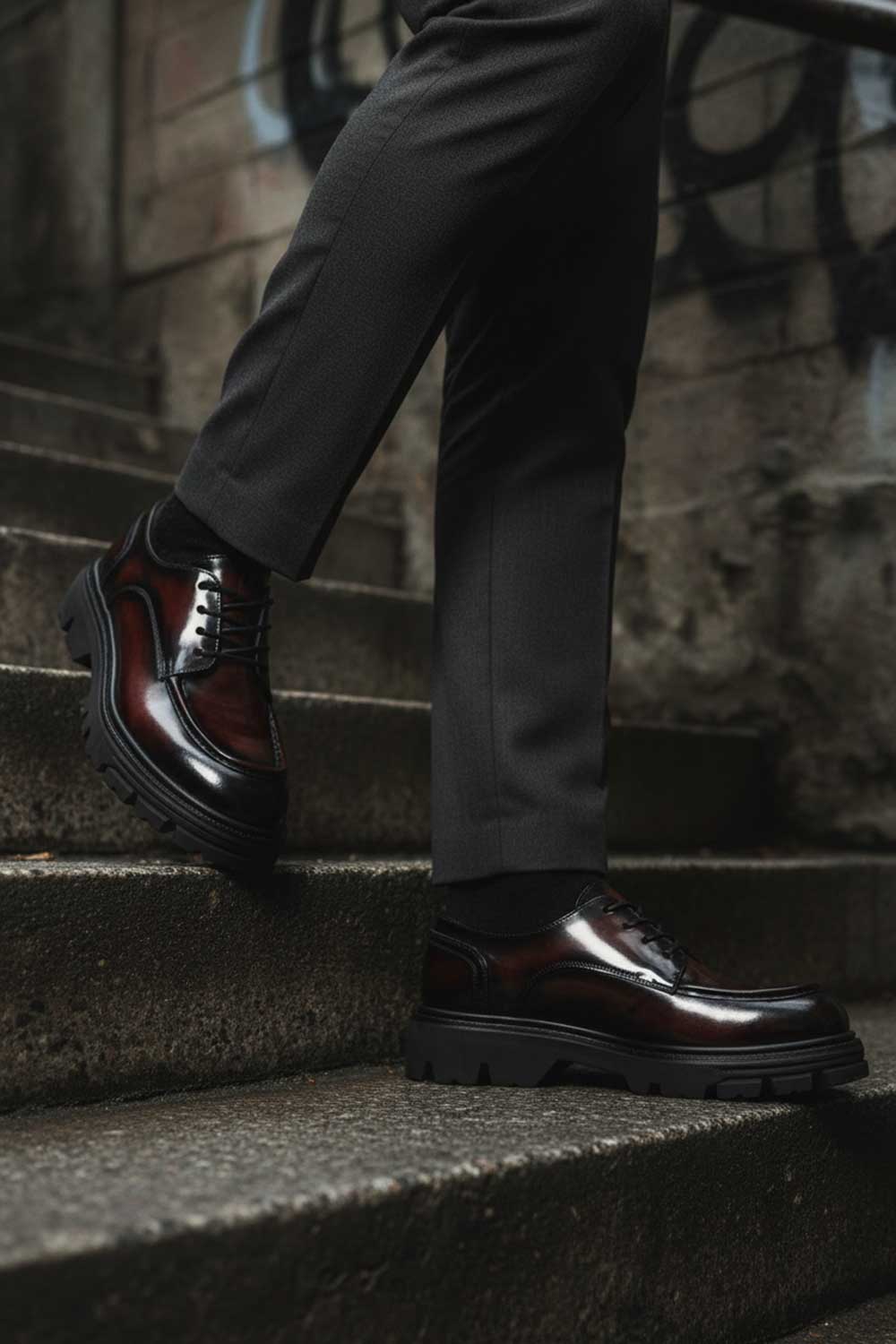 Premium Λουστρίνι Δερμάτινο Derby με Chunky Σόλα – Bordeaux Black