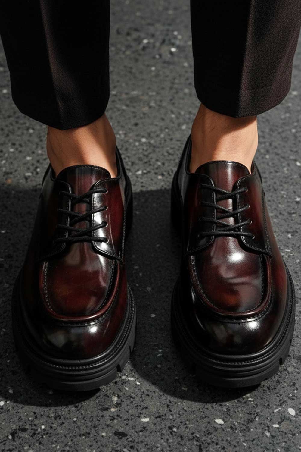 Premium Λουστρίνι Δερμάτινο Derby με Chunky Σόλα – Bordeaux Black