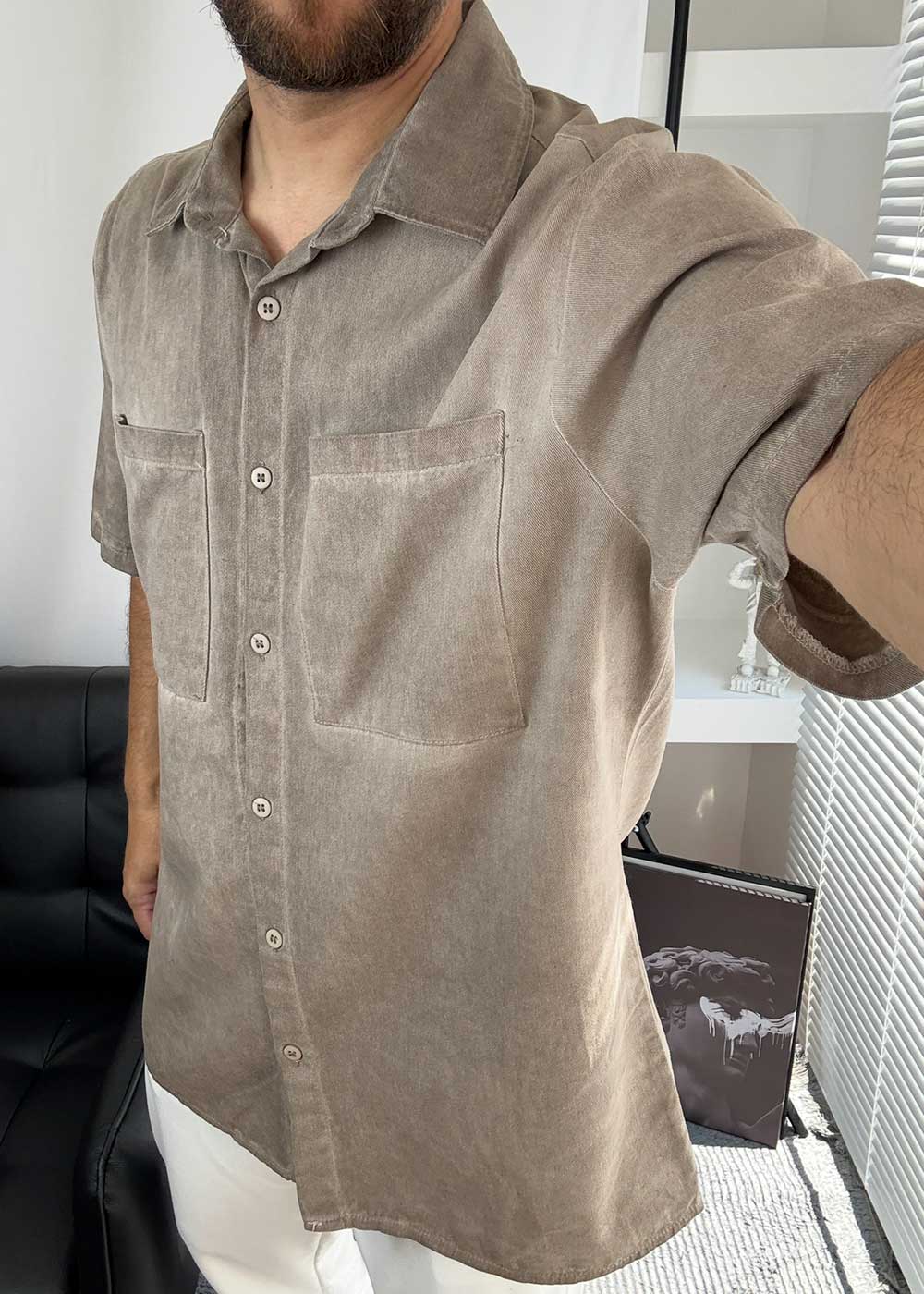 Washed Πουκάμισο Oversized με Pocket Τσέπες - Ξεβαμμένο Βιζόν – 3