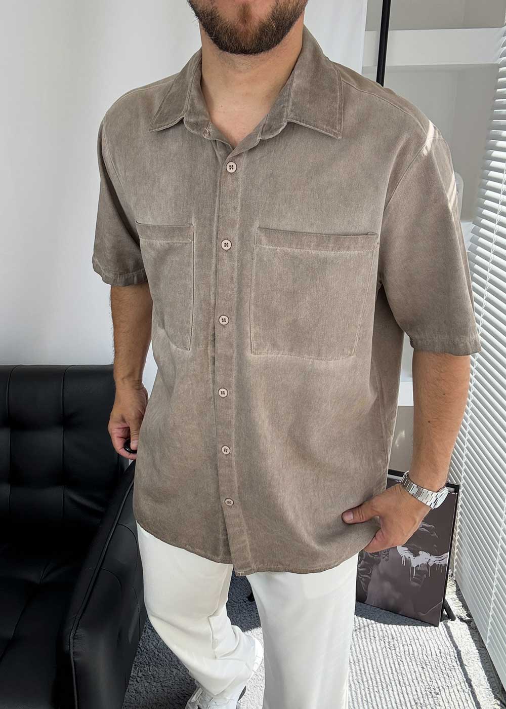 Washed Πουκάμισο Oversized με Pocket Τσέπες - Ξεβαμμένο Βιζόν – 4