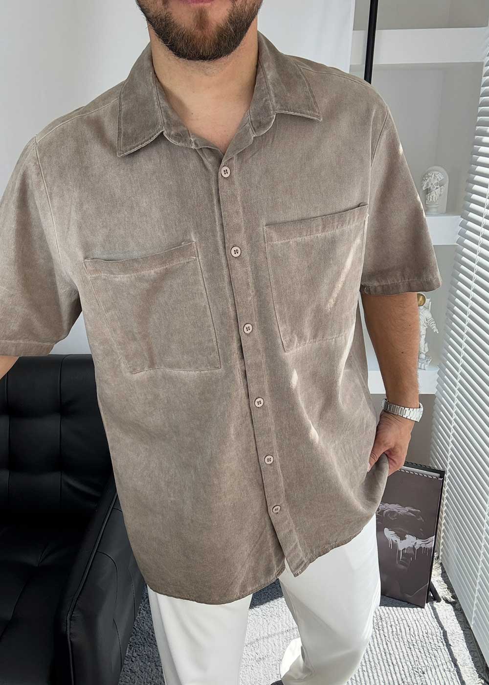 Washed Πουκάμισο Oversized με Pocket Τσέπες - Ξεβαμμένο Βιζόν – 7