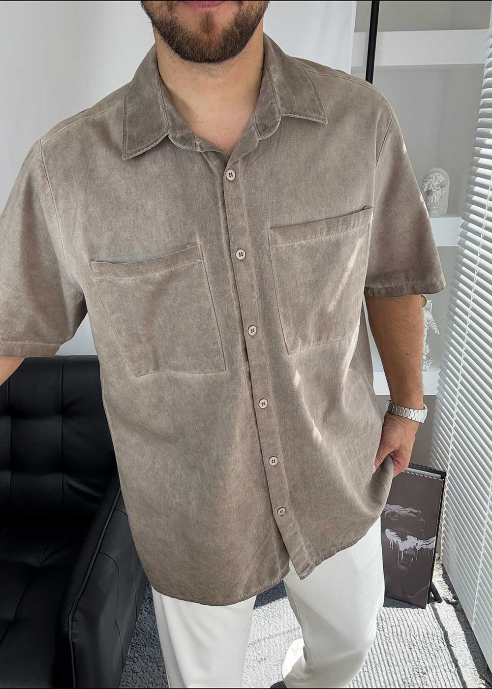Washed Πουκάμισο Oversized με Pocket Τσέπες - Ξεβαμμένο Βιζόν – 5