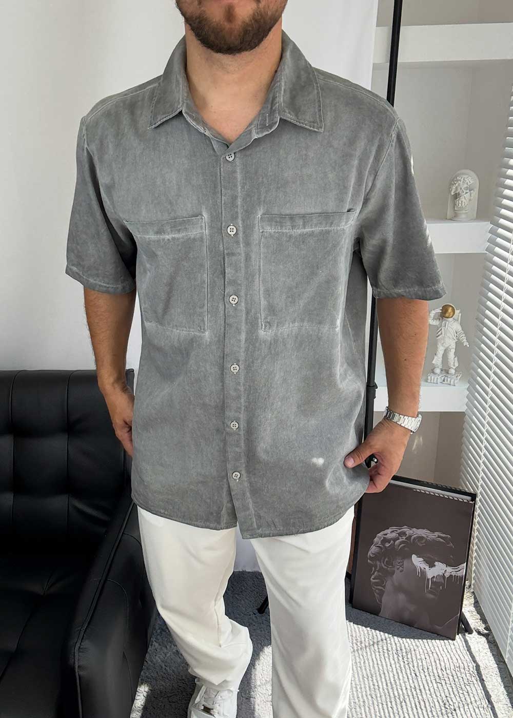 Washed Πουκάμισο Oversized με Pocket Τσέπες - Ξεβαμμένο Γκρι – 6