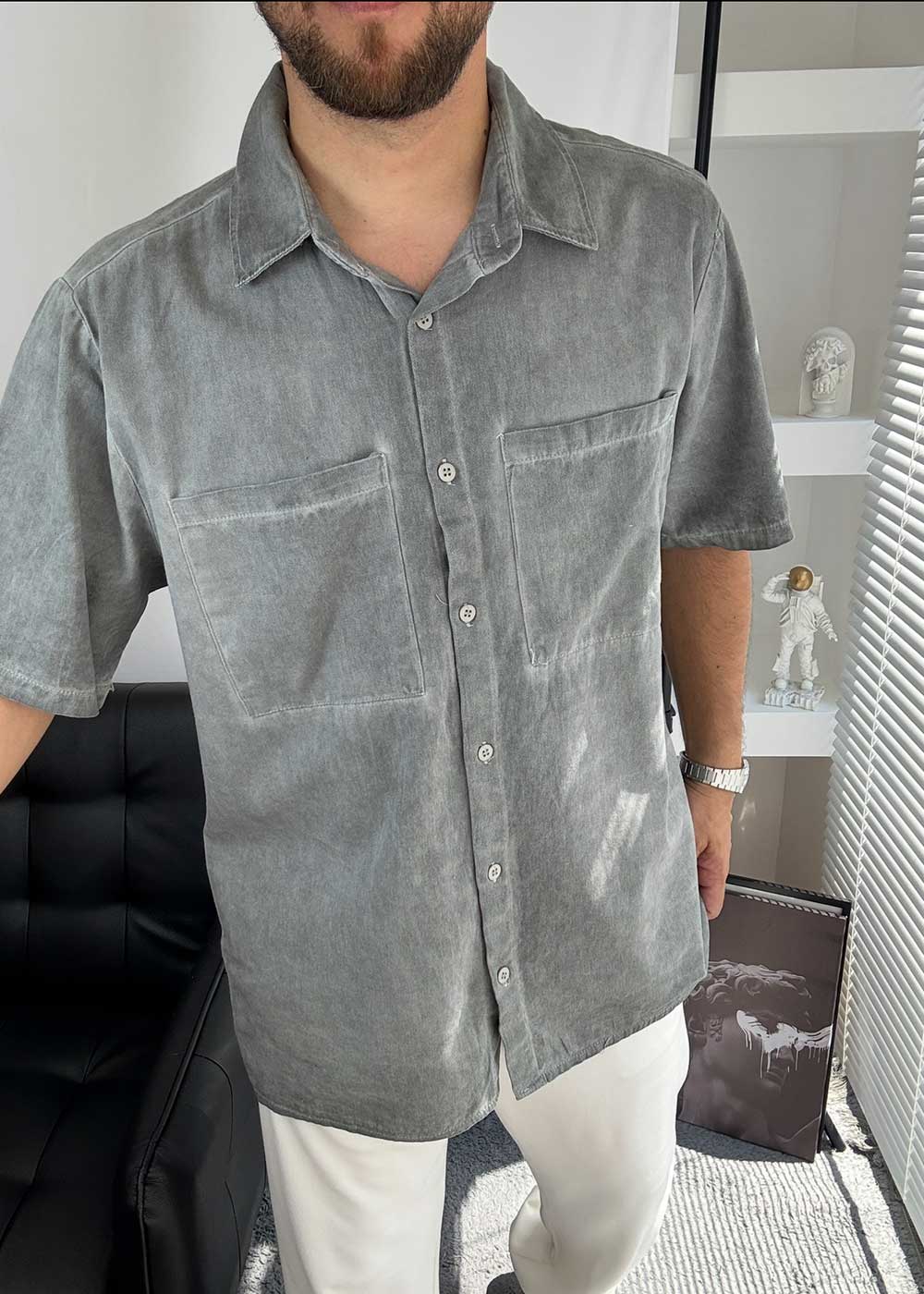 Washed Πουκάμισο Oversized με Pocket Τσέπες - Ξεβαμμένο Γκρι – 4