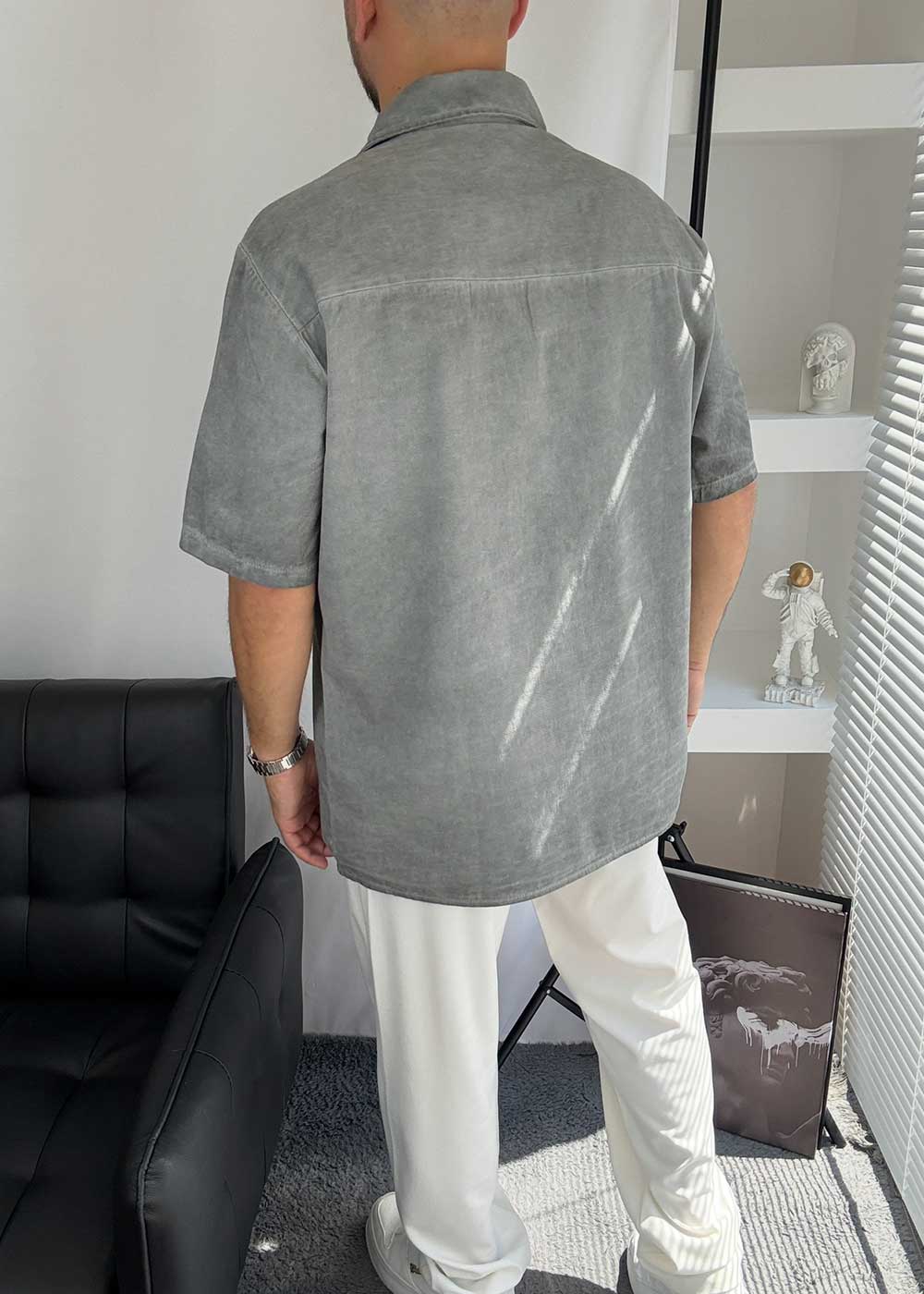 Washed Πουκάμισο Oversized με Pocket Τσέπες - Ξεβαμμένο Γκρι – 2