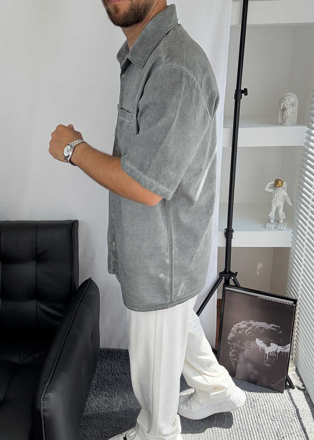 Washed Πουκάμισο Oversized με Pocket Τσέπες - Ξεβαμμένο Γκρι – 3