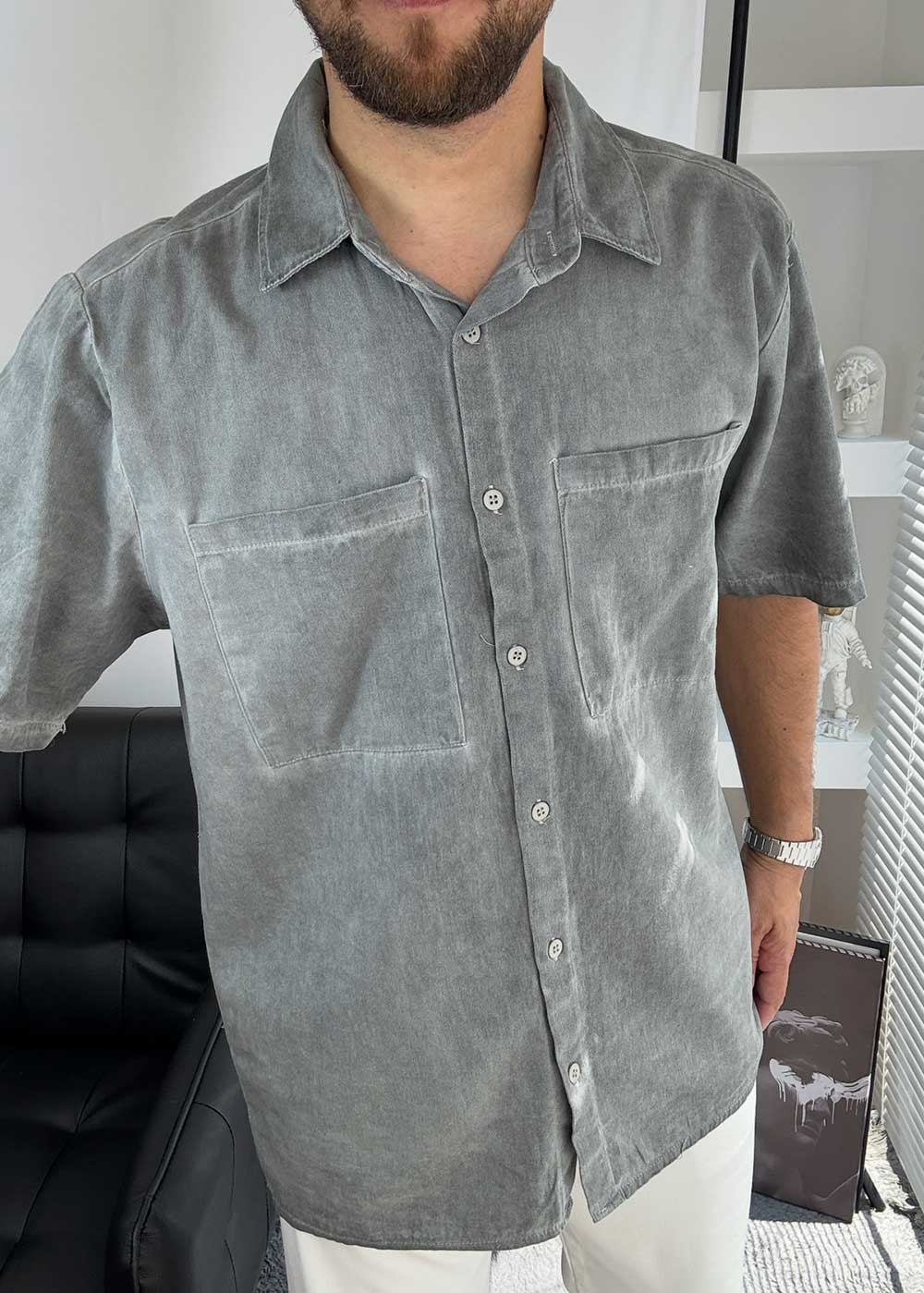 Washed Πουκάμισο Oversized με Pocket Τσέπες - Ξεβαμμένο Γκρι