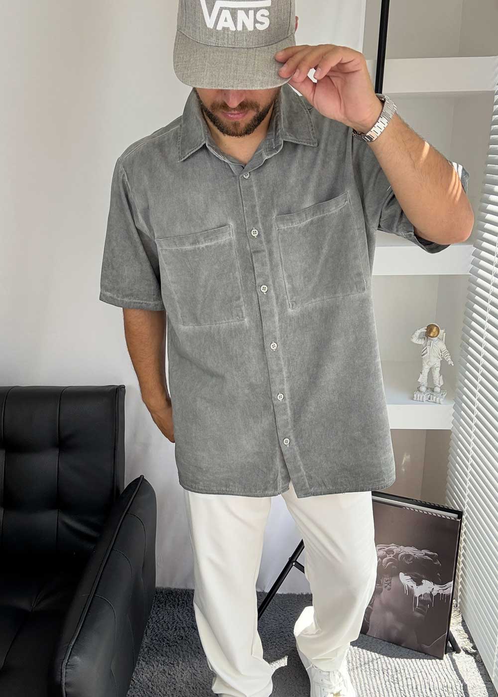 Washed Πουκάμισο Oversized με Pocket Τσέπες - Ξεβαμμένο Γκρι – 5