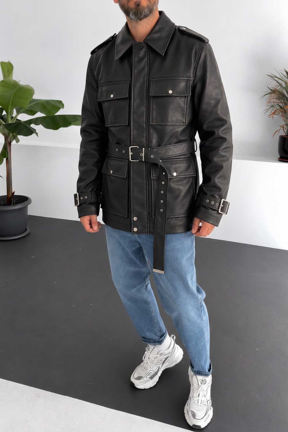 Ανδρικό Leather Jacket με Ζώνη & Τσέπες Cargo – Μαύρο