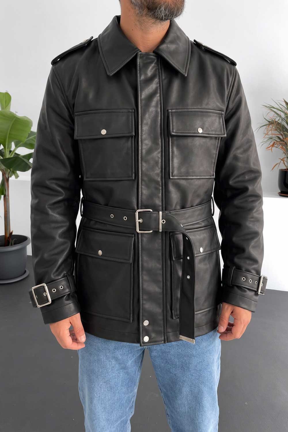 Ανδρικό Leather Jacket με Ζώνη & Τσέπες Cargo – Μαύρο