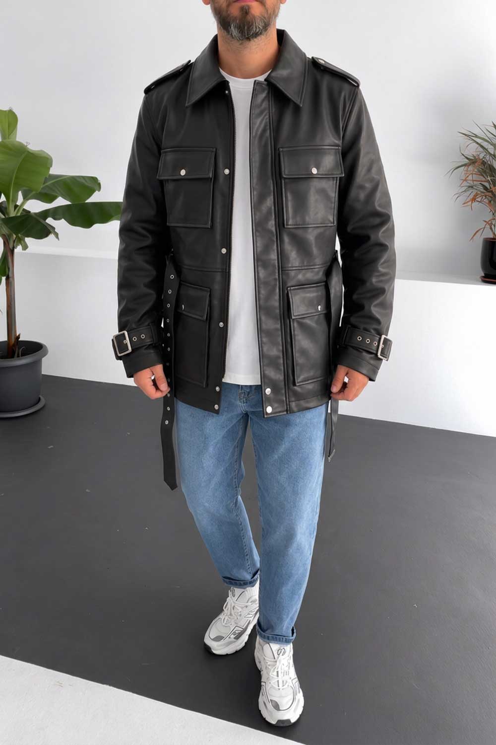 Ανδρικό Leather Jacket με Ζώνη & Τσέπες Cargo – Μαύρο