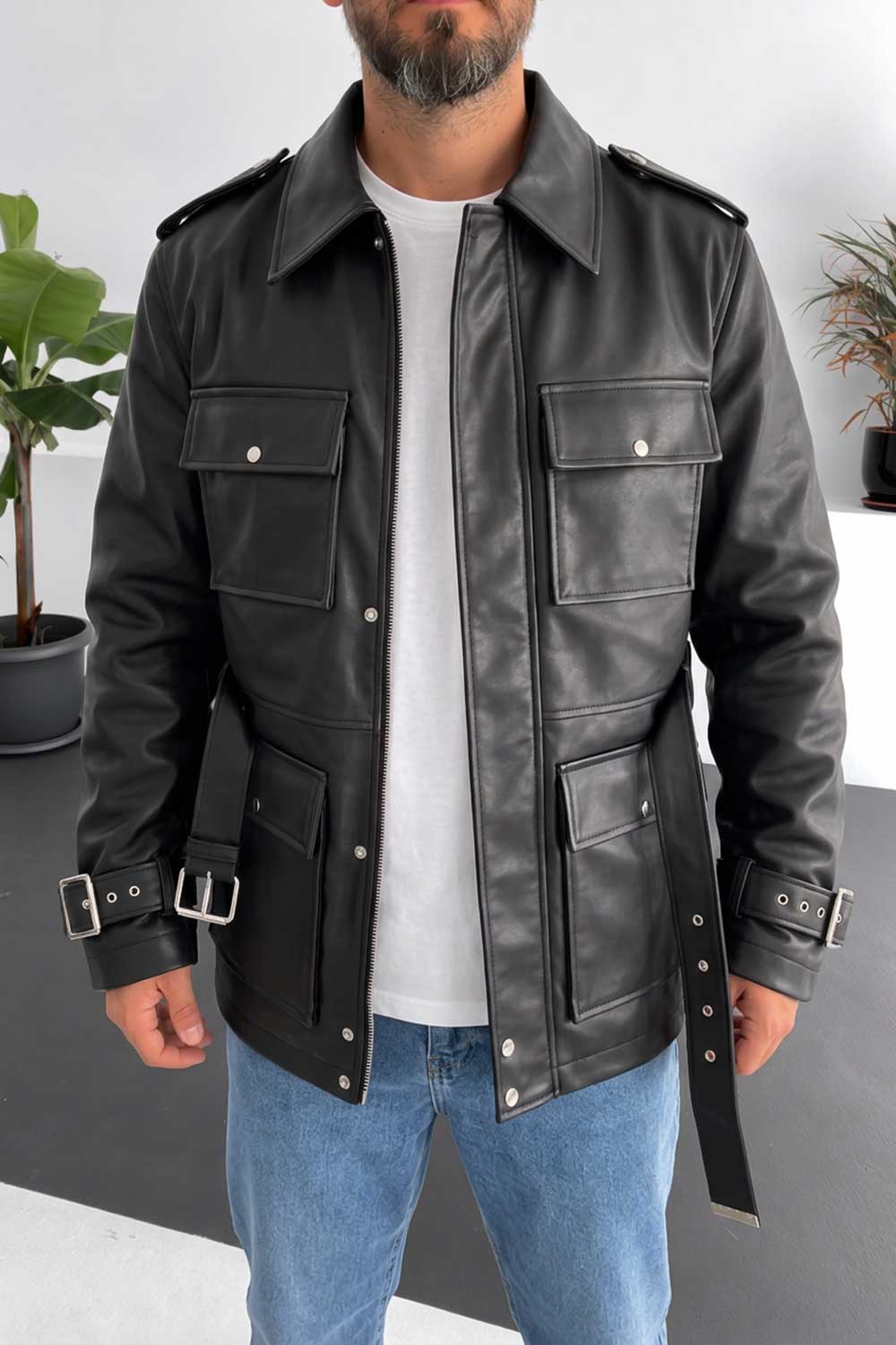 Ανδρικό Leather Jacket με Ζώνη & Τσέπες Cargo – Μαύρο