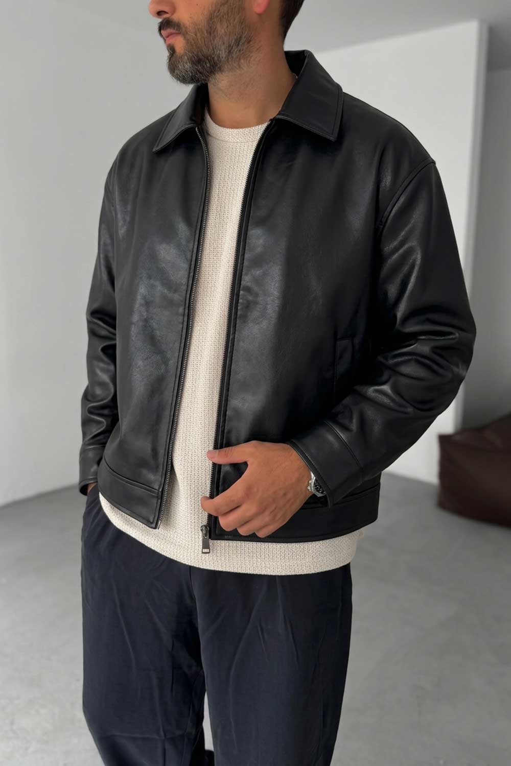 Ανδρικό Leather Jacket με Φερμουάρ – Μαύρο