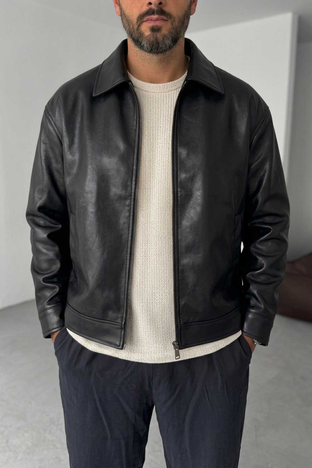 Ανδρικό Leather Jacket με Φερμουάρ – Μαύρο