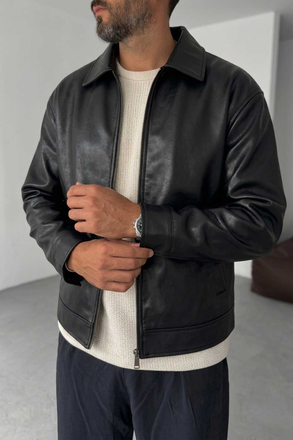 Ανδρικό Leather Jacket με Φερμουάρ – Μαύρο