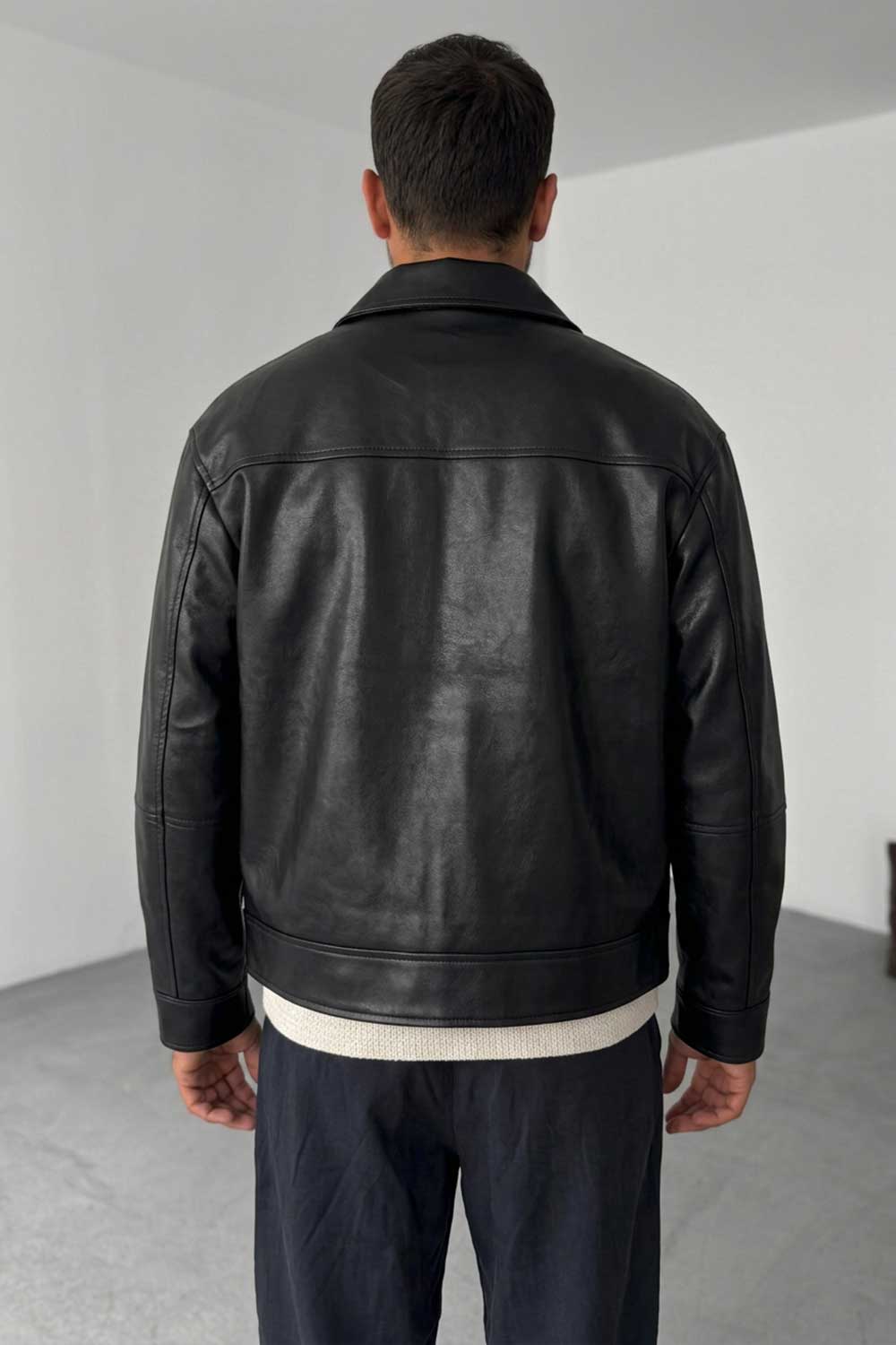 Ανδρικό Leather Jacket με Φερμουάρ – Μαύρο