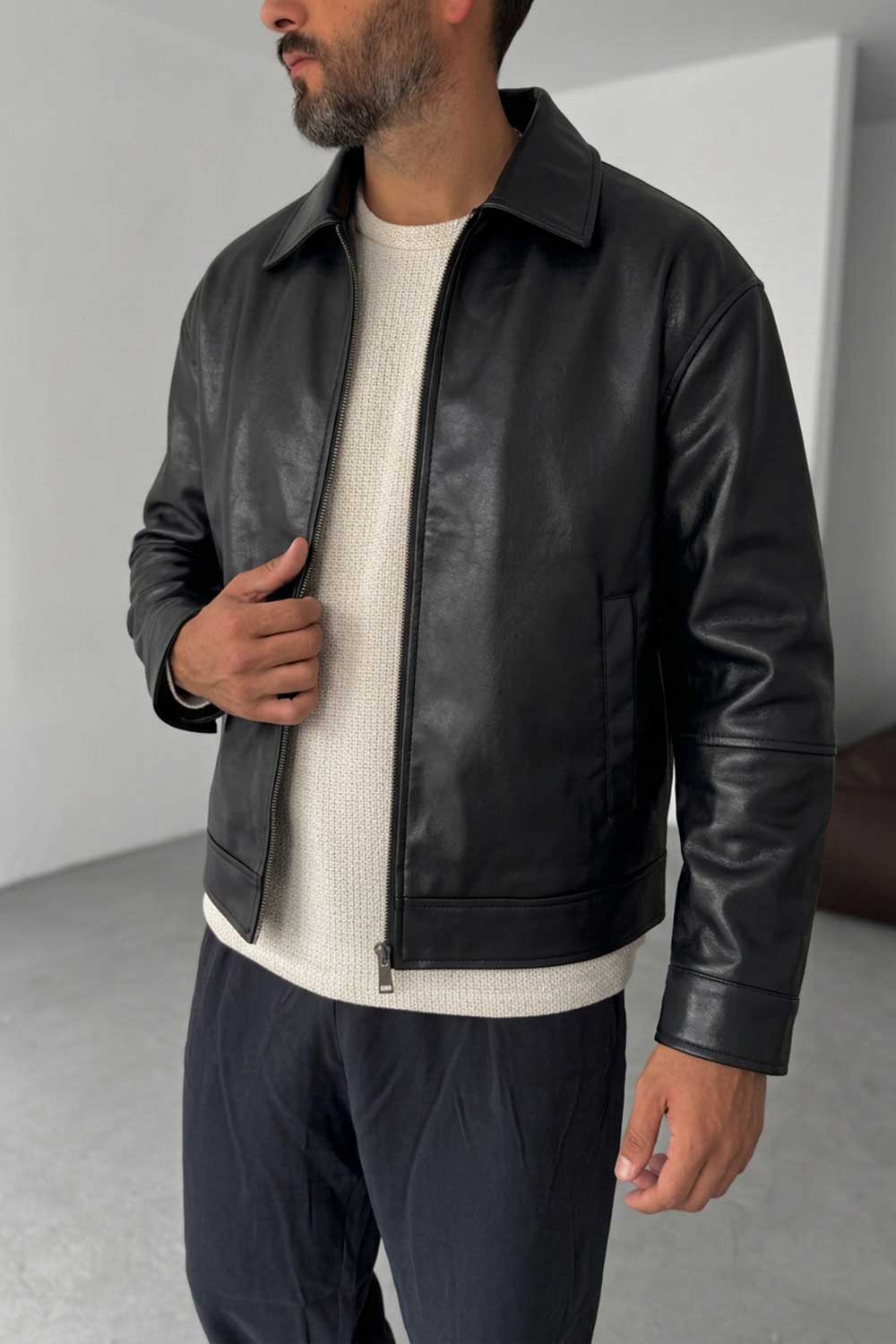 Ανδρικό Leather Jacket με Φερμουάρ – Μαύρο