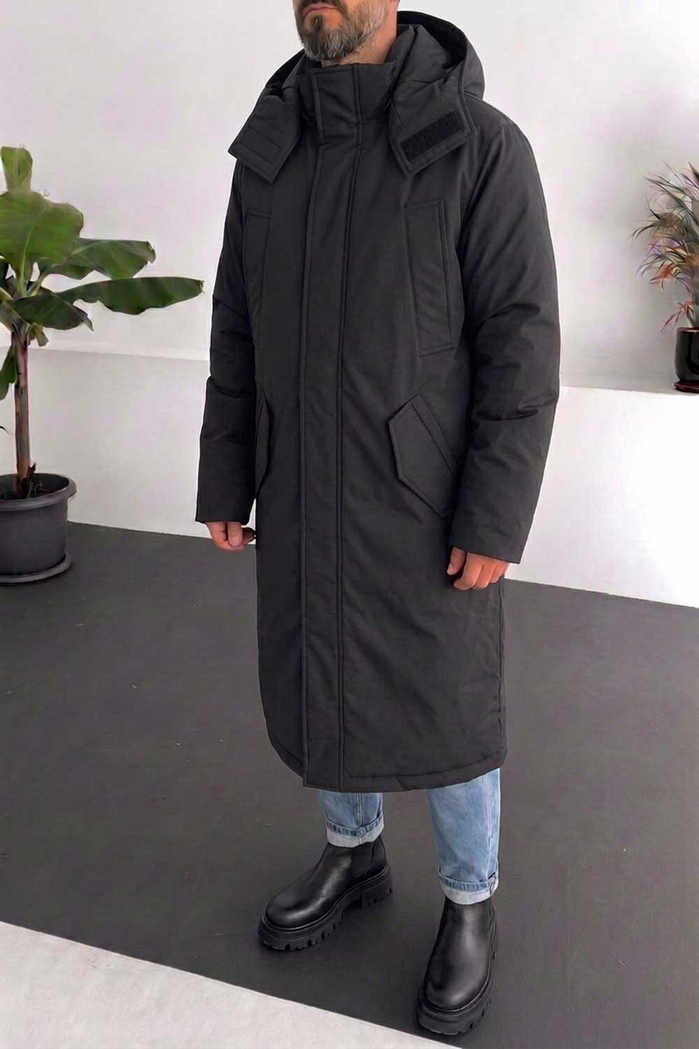 Ανδρικό Μακρύ Parka Jacket με Αποσπώμενη Κουκούλα – Μαύρο