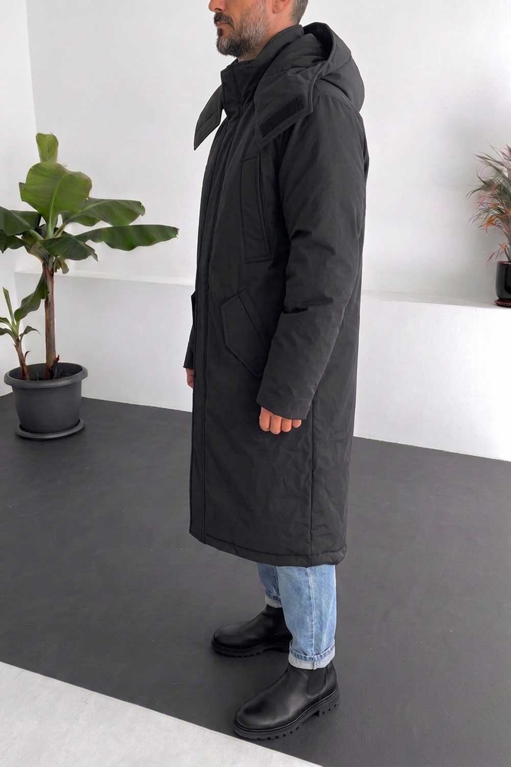Ανδρικό Μακρύ Parka Jacket με Αποσπώμενη Κουκούλα – Μαύρο