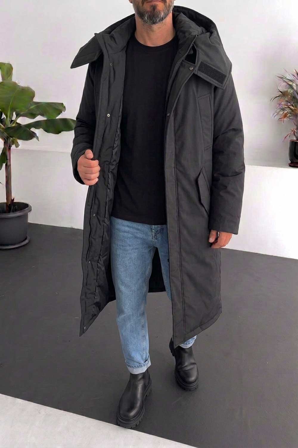 Ανδρικό Μακρύ Parka Jacket με Αποσπώμενη Κουκούλα – Μαύρο