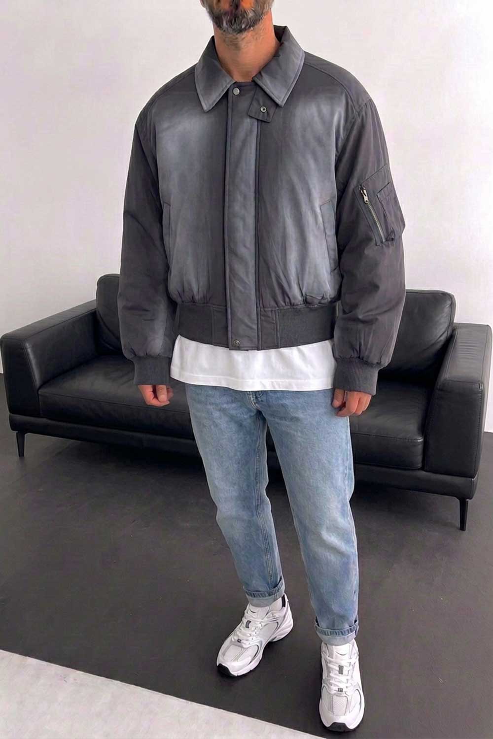 Ανδρικό Oversized Bomber Jacket με Leather Effect – Ανθρακί