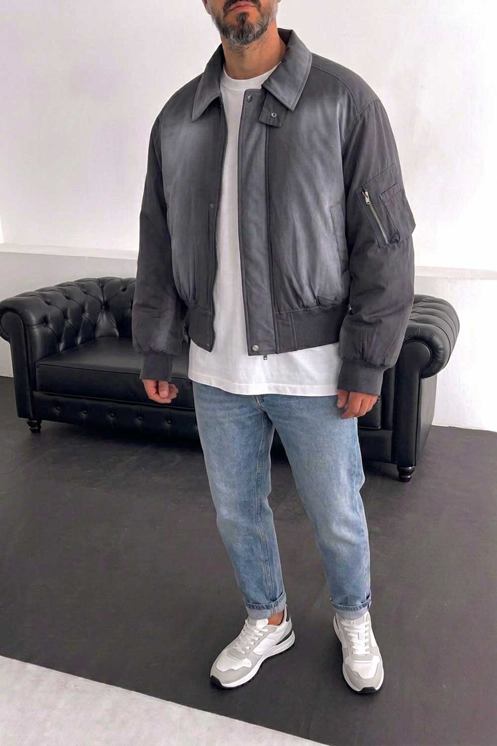 Ανδρικό Oversized Bomber Jacket με Leather Effect – Ανθρακί