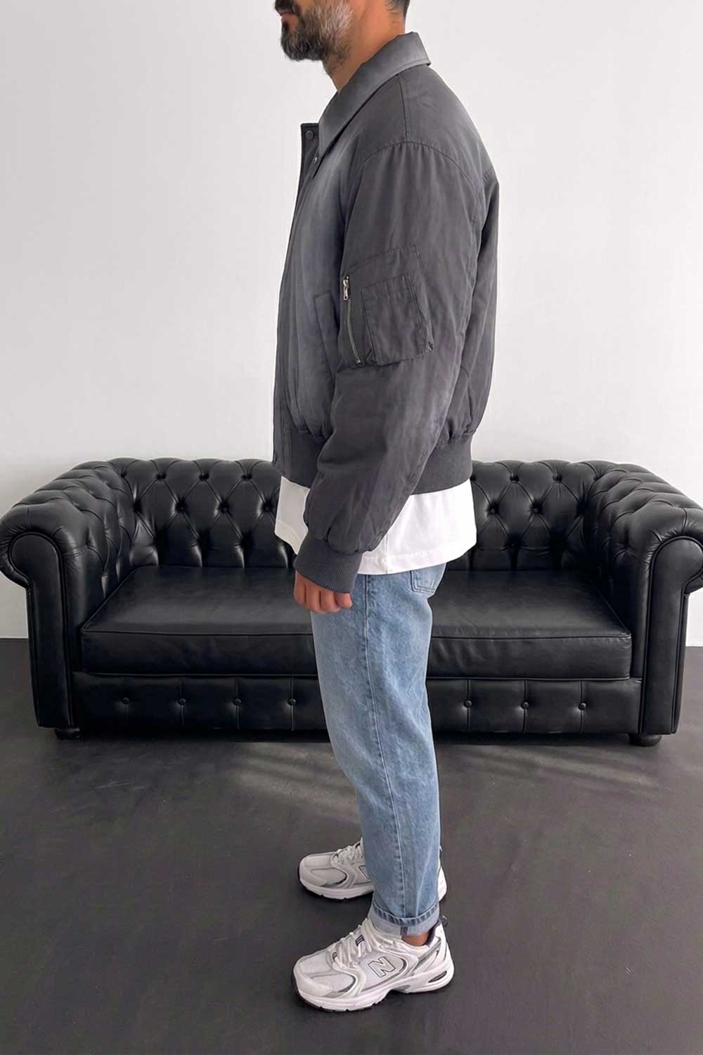 Ανδρικό Oversized Bomber Jacket με Leather Effect – Ανθρακί