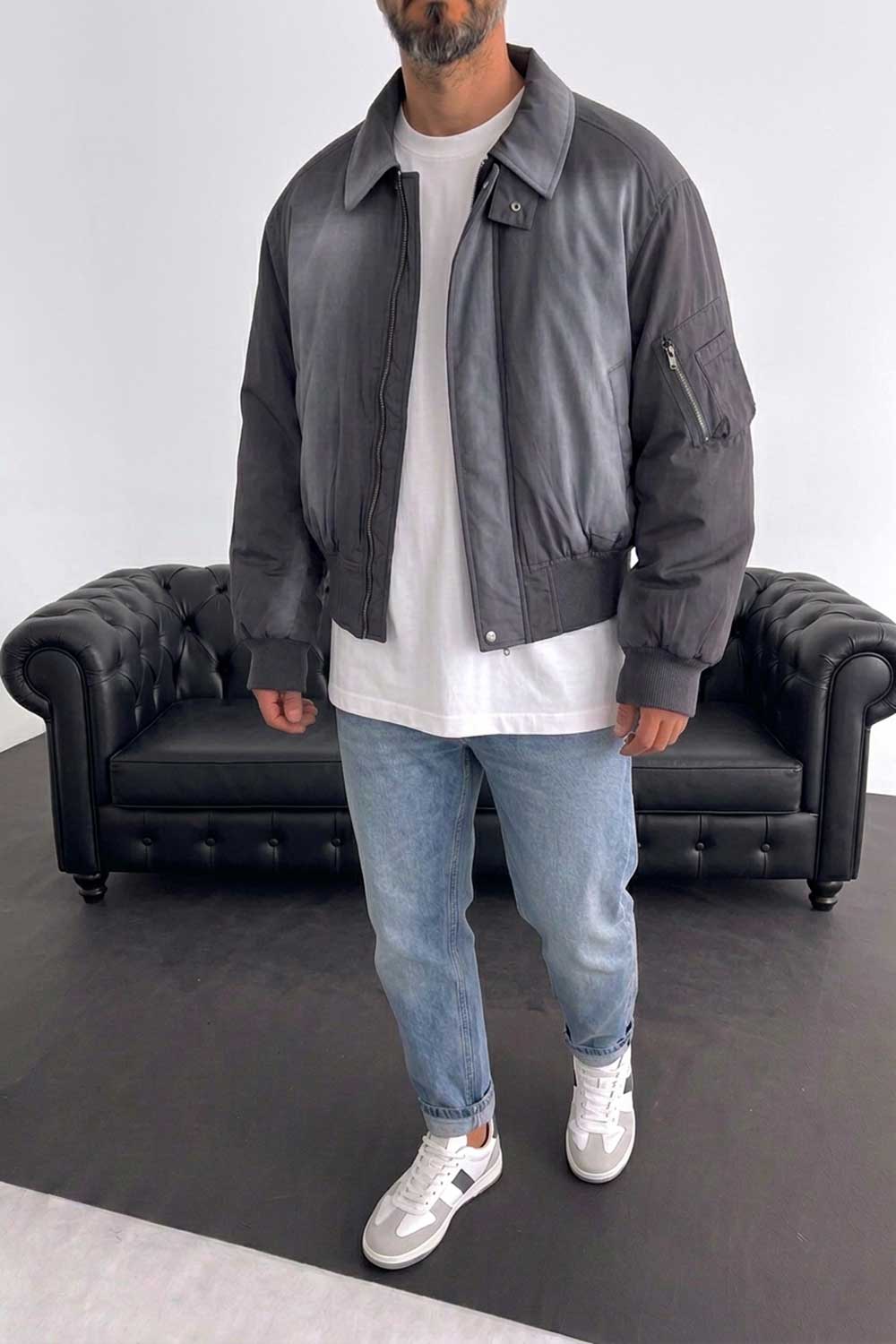 Ανδρικό Oversized Bomber Jacket με Leather Effect – Ανθρακί