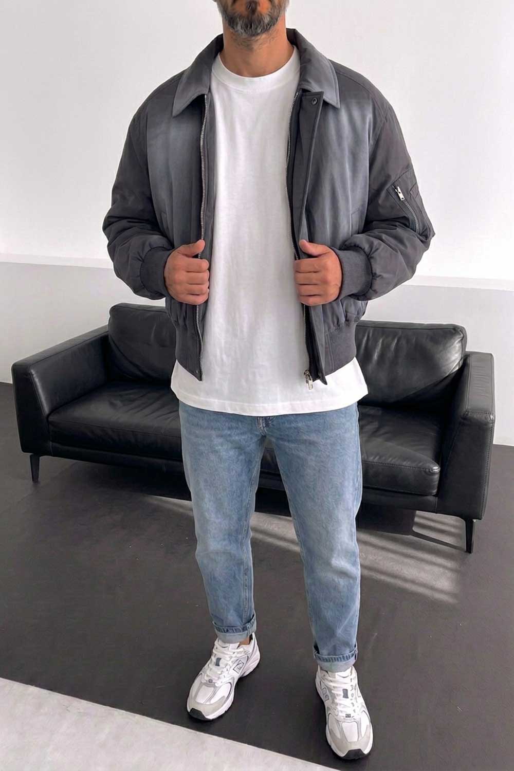 Ανδρικό Oversized Bomber Jacket με Leather Effect – Ανθρακί