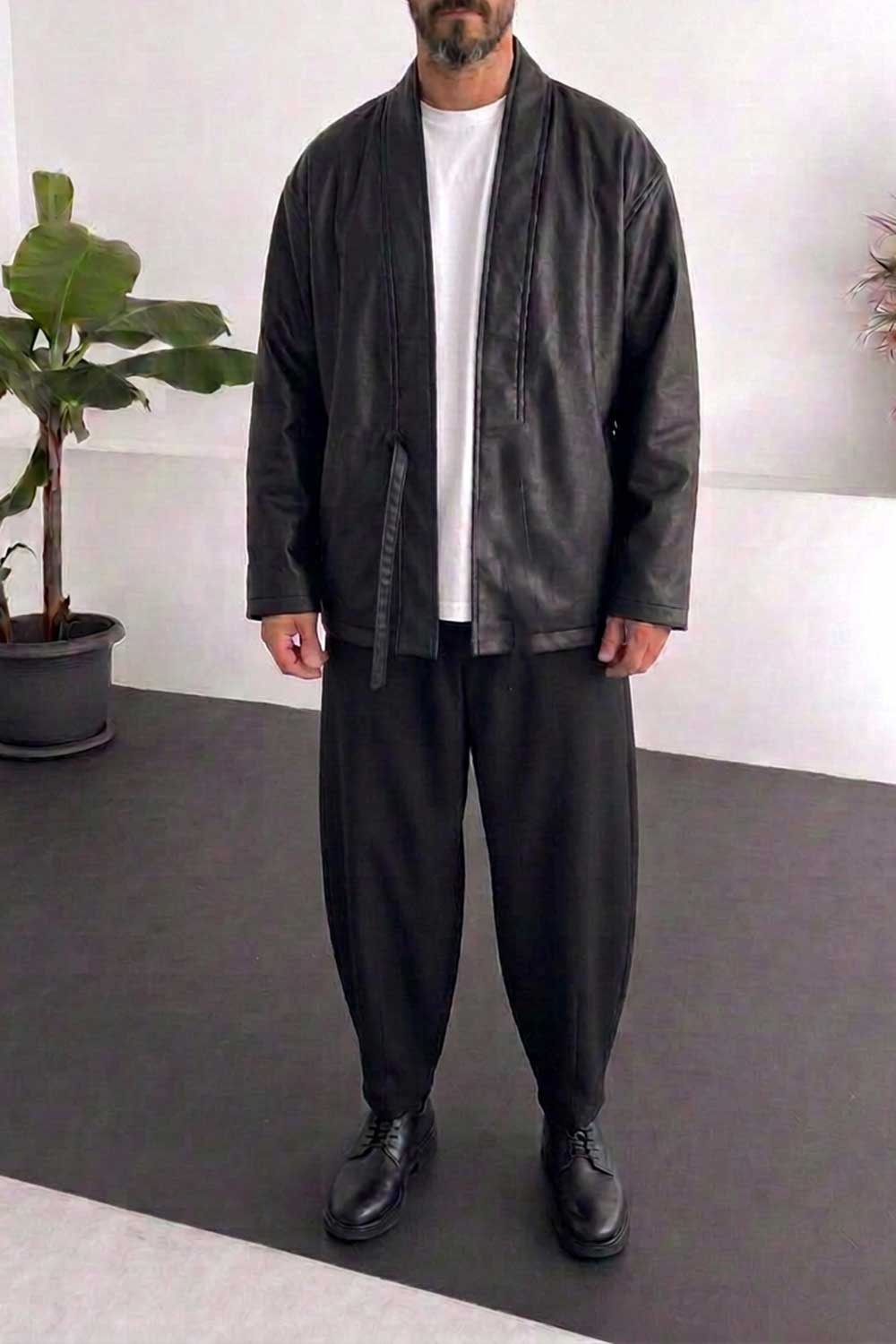 Ανδρικό Leather Kimono Jacket με Ζώνη – Μαύρο