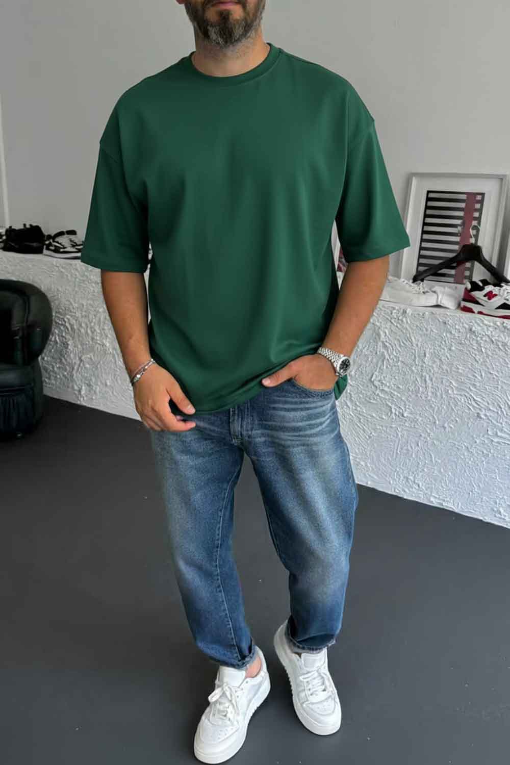Basic Oversized T-shirt Με Κέντημα - Πράσινο
