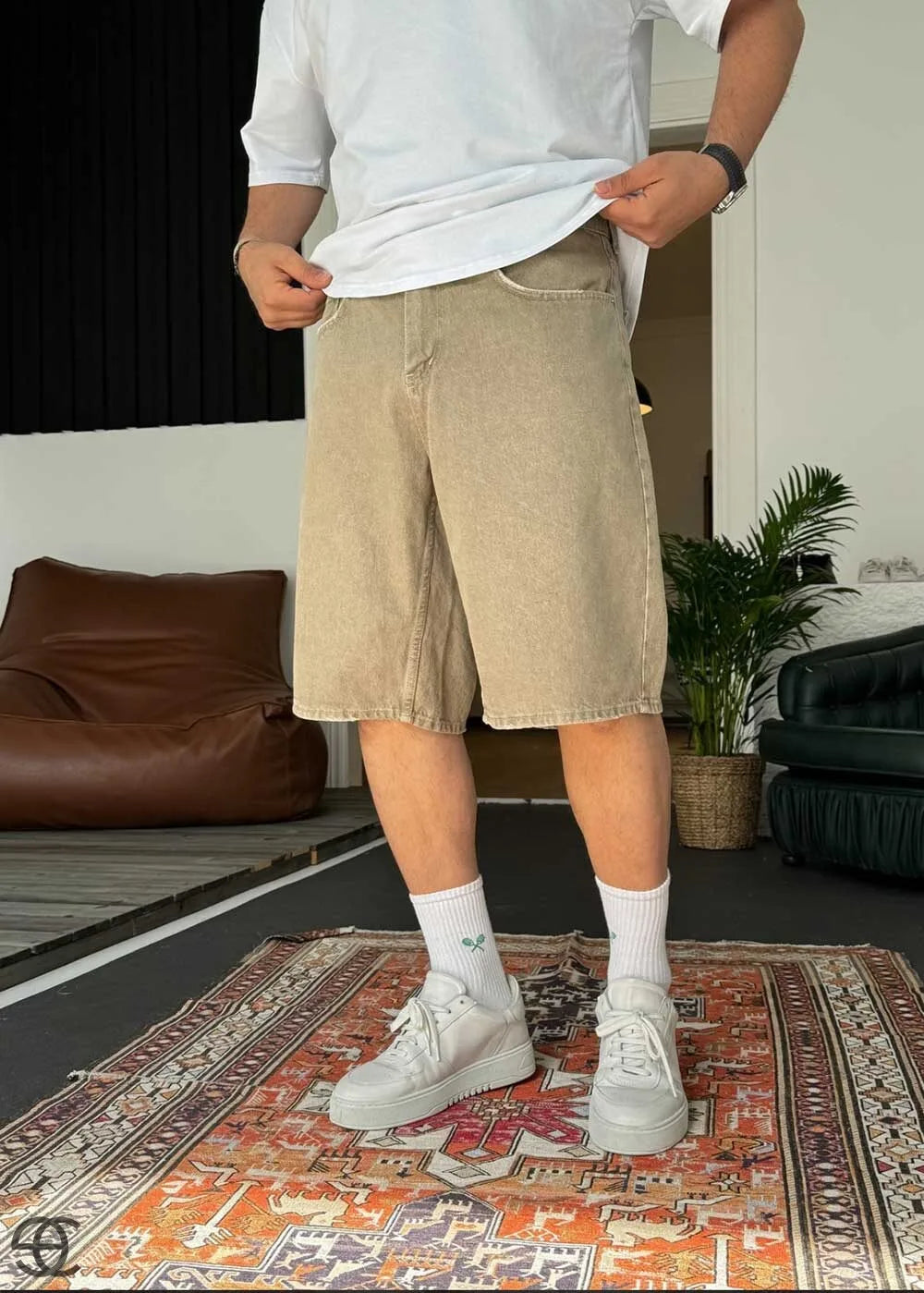 Baggy Βερμούδα Denim Ξεβαμμένο Με Εφέ Καφέ
