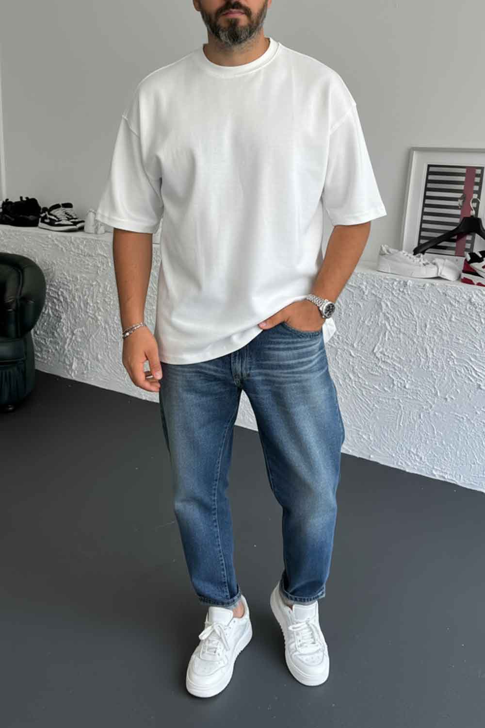Basic Oversized T-shirt Με Κέντημα - Λευκό