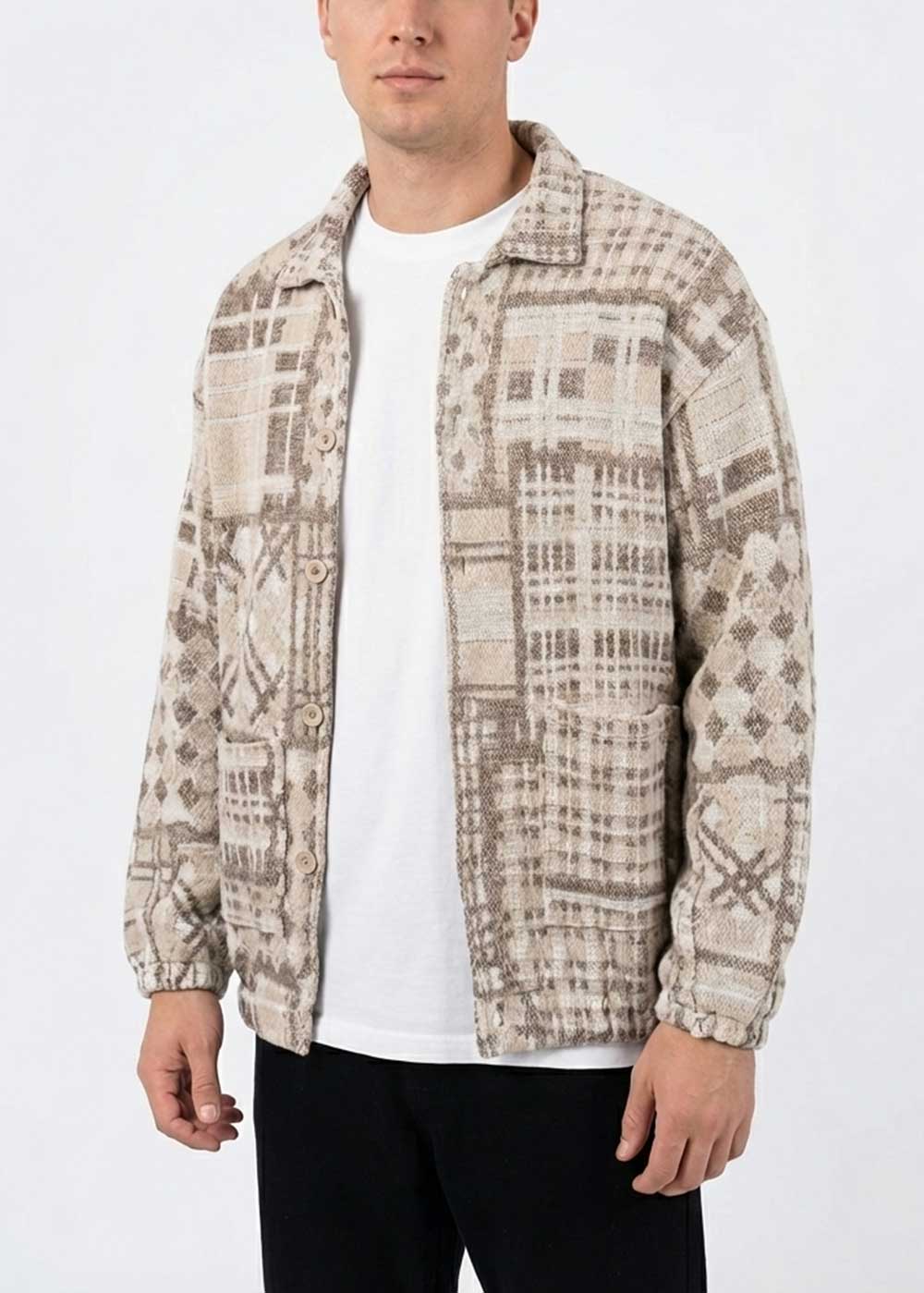 Overshirt Ζακέτα με Υφαντό Pattern σε Beige Τόνους
