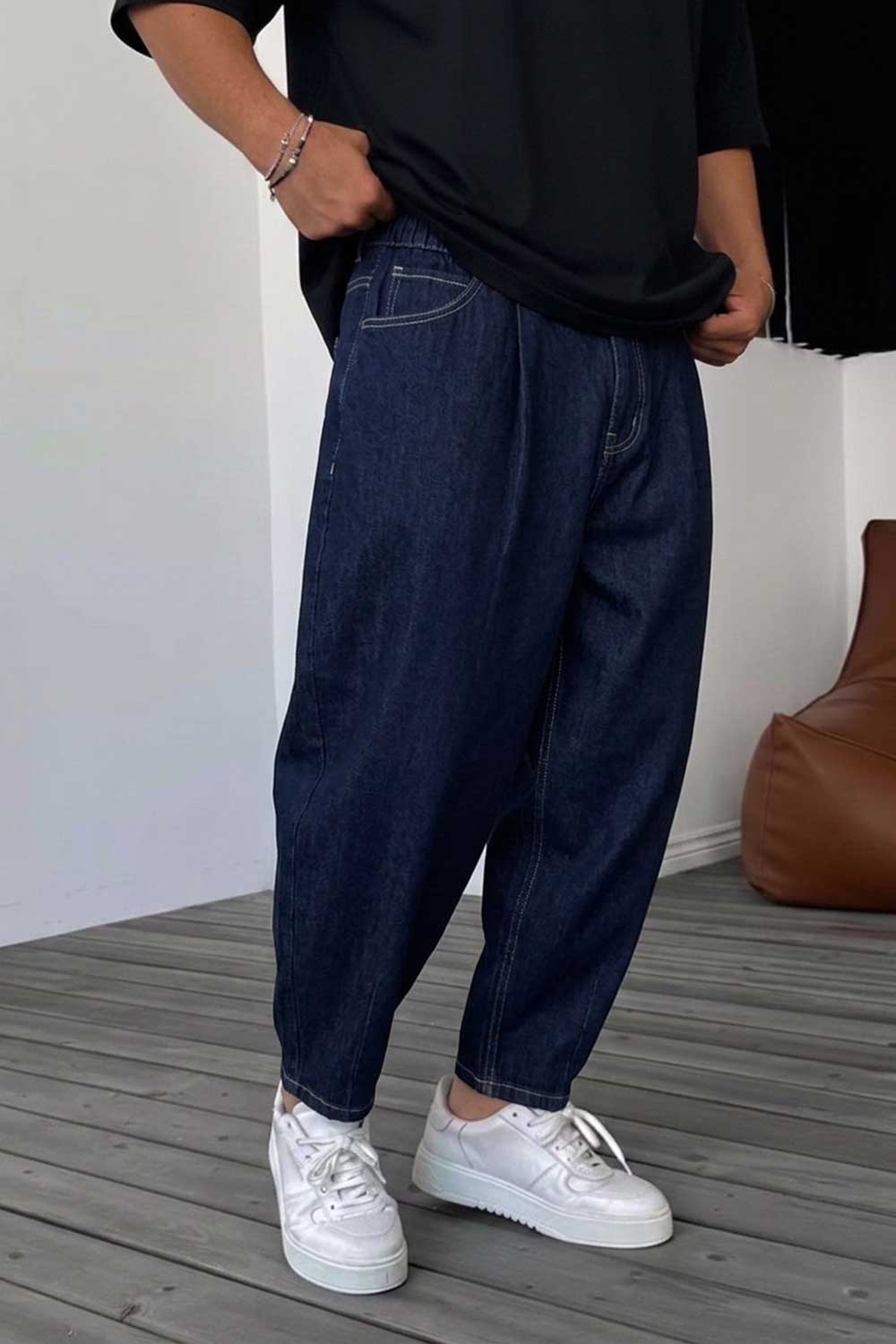Ανδρικό Denim Παντελόνι Balloon Fit με Λάστιχο στη Μέση – Σκούρο Μπλε