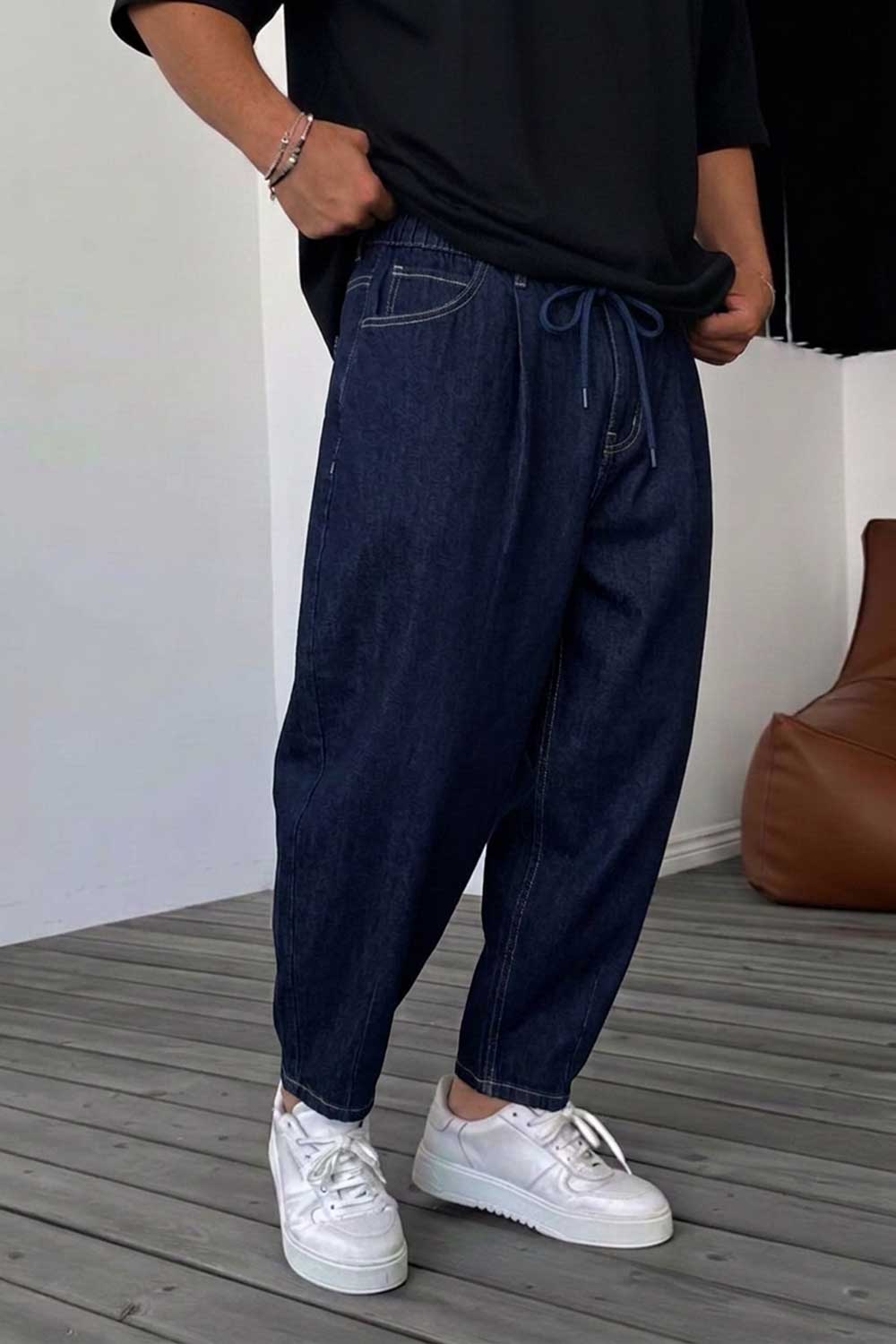 Ανδρικό Denim Παντελόνι Balloon Fit με Λάστιχο στη Μέση – Σκούρο Μπλε