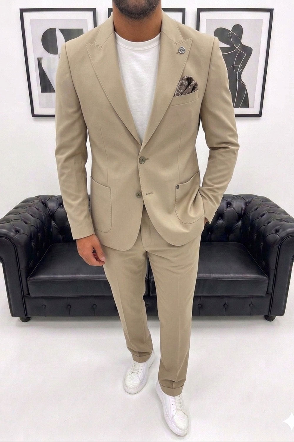 Delmont Slim Fit Ανδρικό Μπεζ Κουστούμι