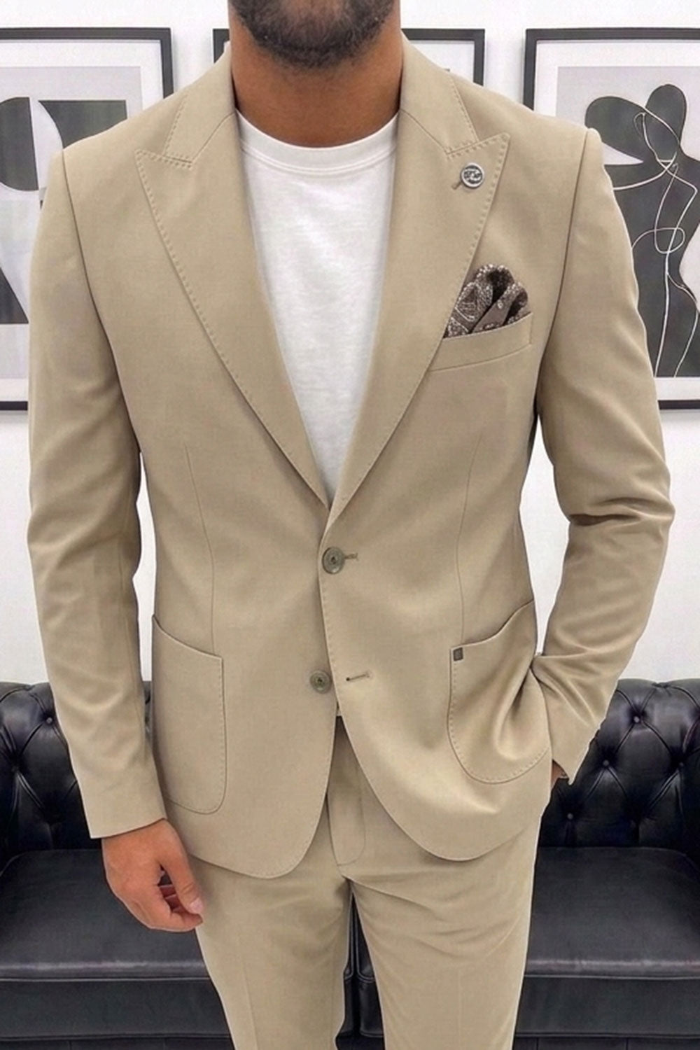 Delmont Slim Fit Ανδρικό Μπεζ Κουστούμι