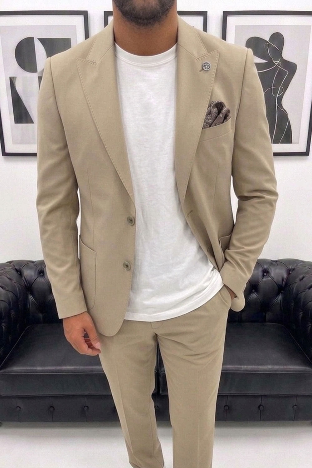 Delmont Slim Fit Ανδρικό Μπεζ Κουστούμι