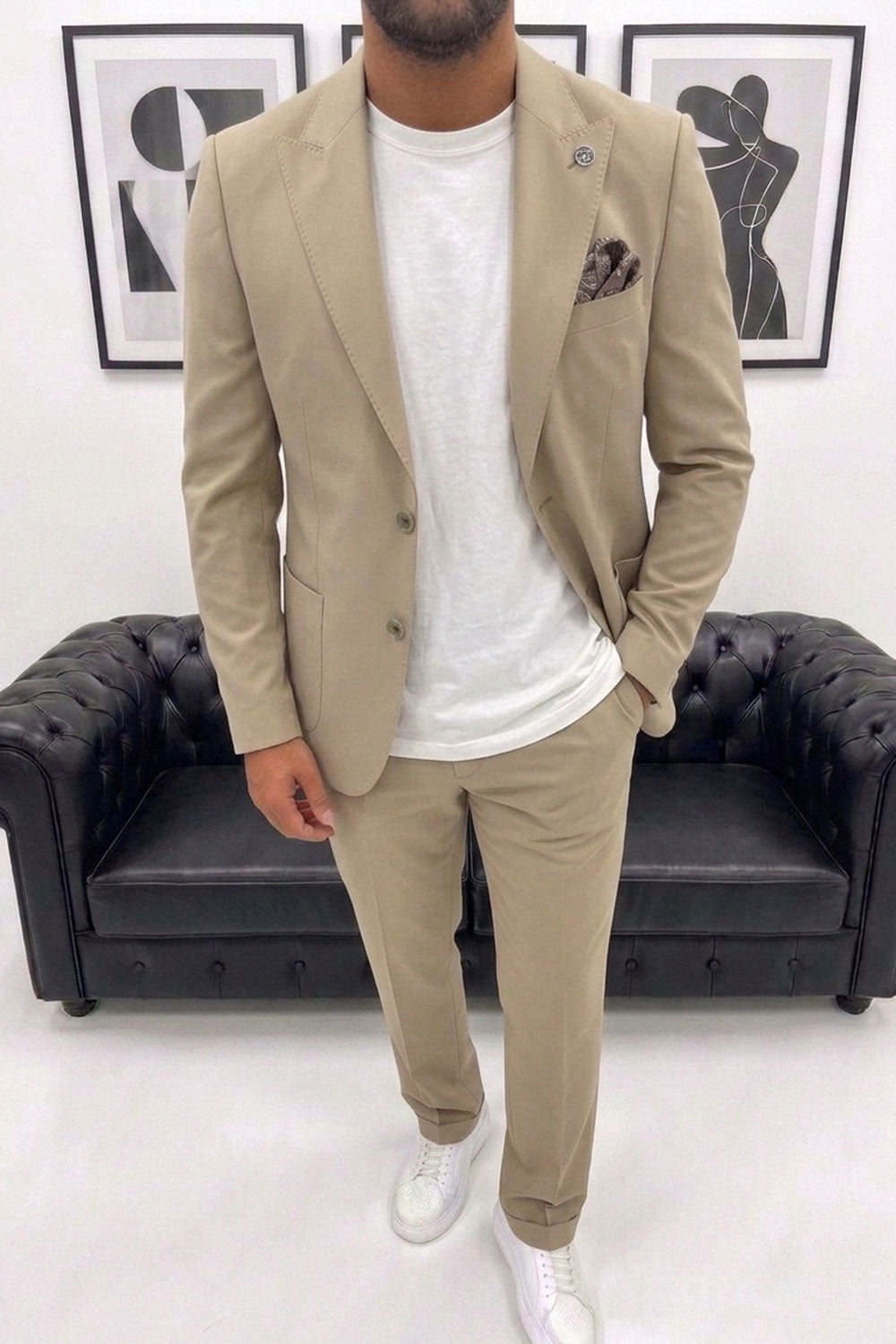 Delmont Slim Fit Ανδρικό Μπεζ Κουστούμι