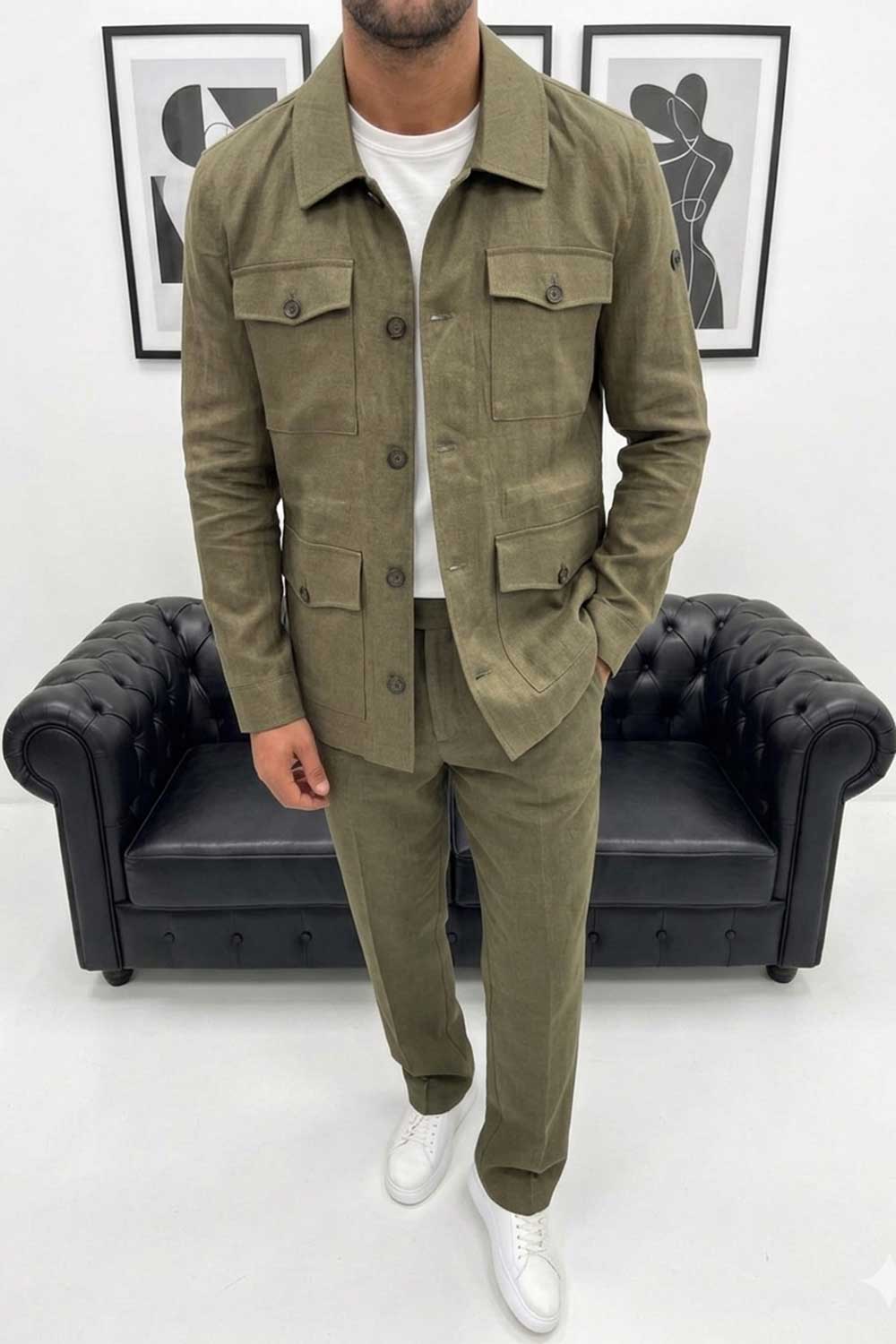 Ανδρικό Λινό Σετ / Safari Suit – 100% Premium Λινό Comfort Fit- Χακί