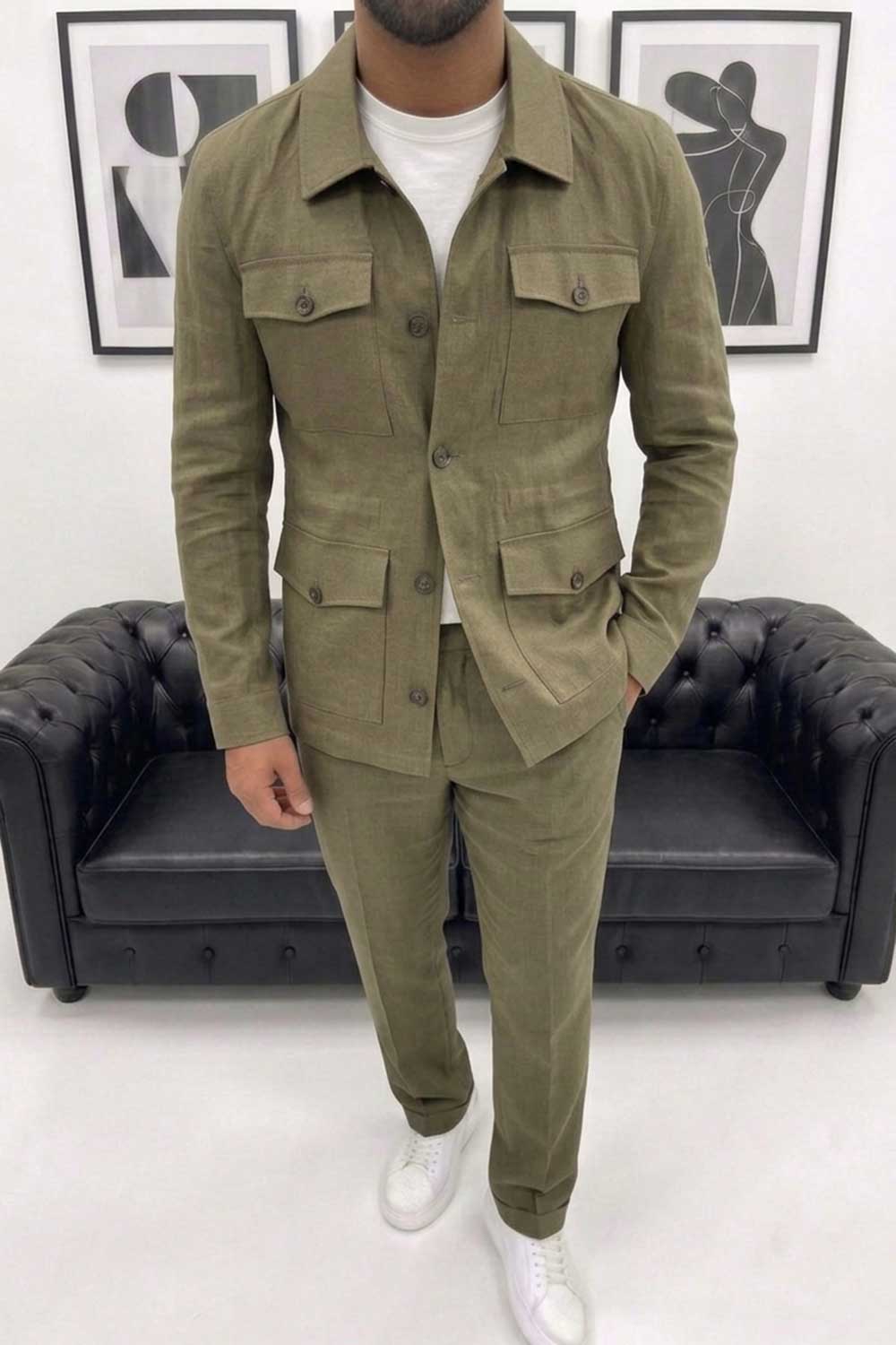 Ανδρικό Λινό Σετ / Safari Suit – 100% Premium Λινό Comfort Fit- Χακί