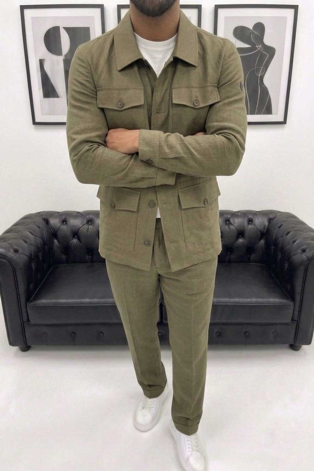Ανδρικό Λινό Σετ / Safari Suit – 100% Premium Λινό Comfort Fit- Χακί