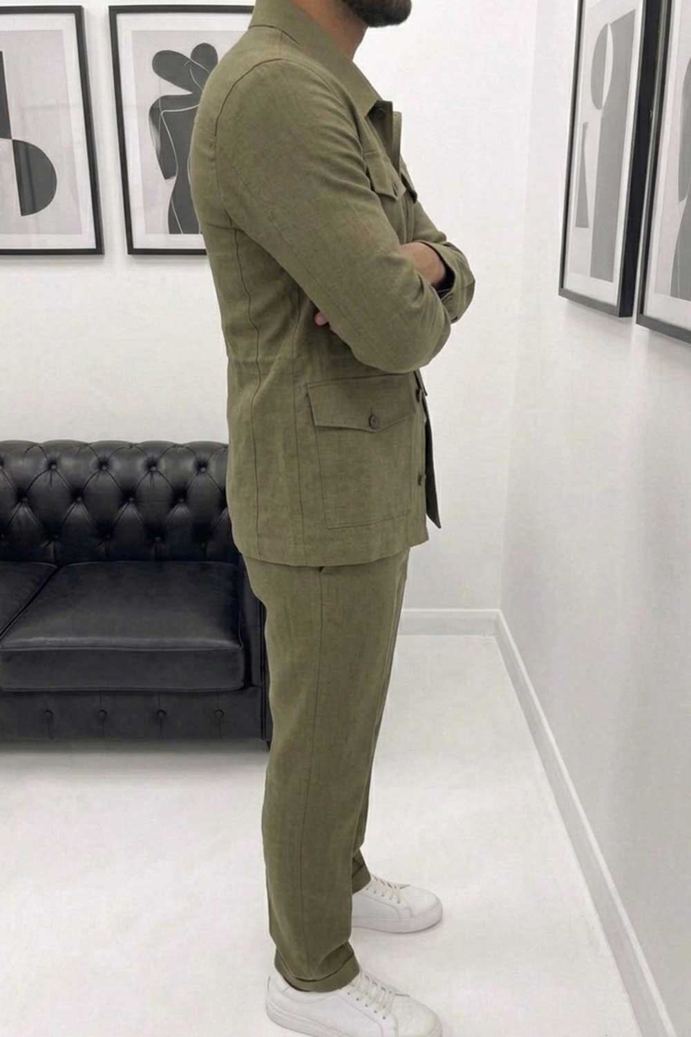 Ανδρικό Λινό Σετ / Safari Suit – 100% Premium Λινό Comfort Fit- Χακί