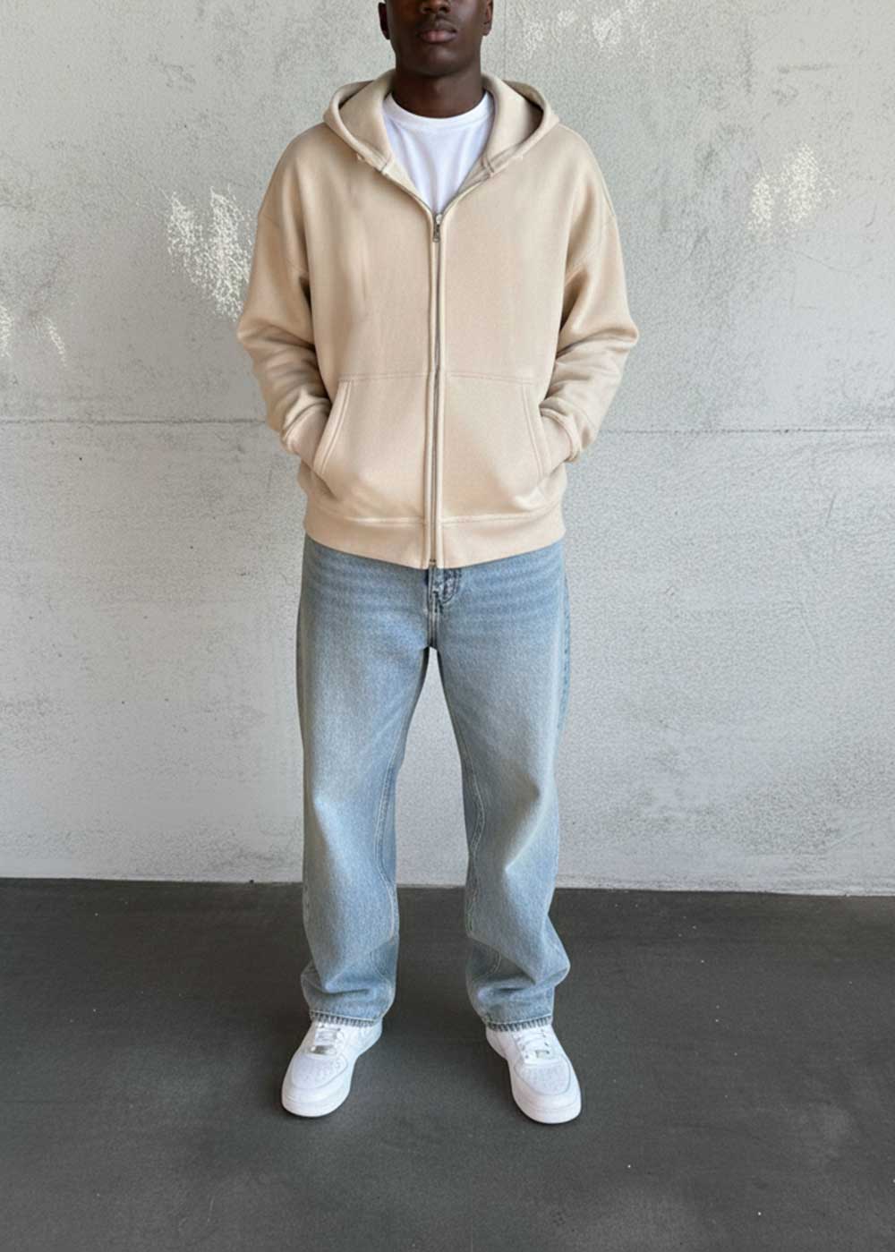 Oversized Ζακέτα Φούτερ με Διπλό Άνοιγμα Φερμουάρ Εσωτερική Επένδυση - Μπεζ