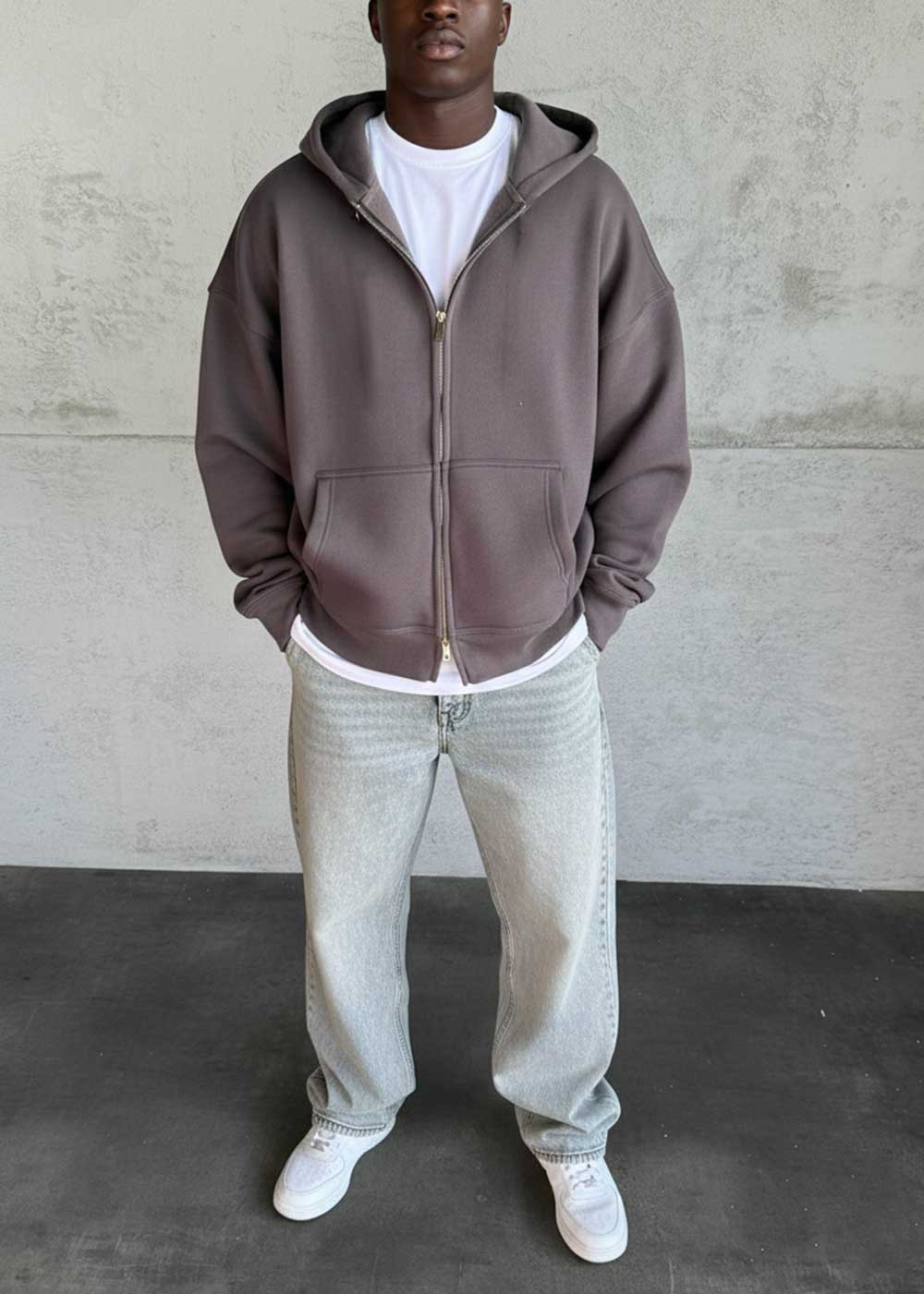 Oversized Ζακέτα Φούτερ με Διπλό Άνοιγμα Φερμουάρ Εσωτερική Επένδυση - Καφέ Ποντικί