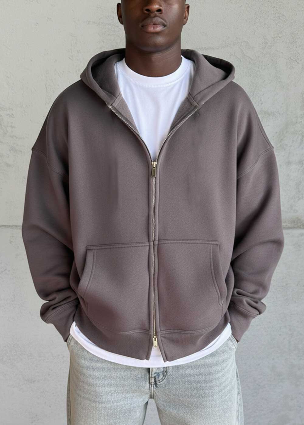 Oversized Ζακέτα Φούτερ με Διπλό Άνοιγμα Φερμουάρ Εσωτερική Επένδυση - Καφέ Ποντικί