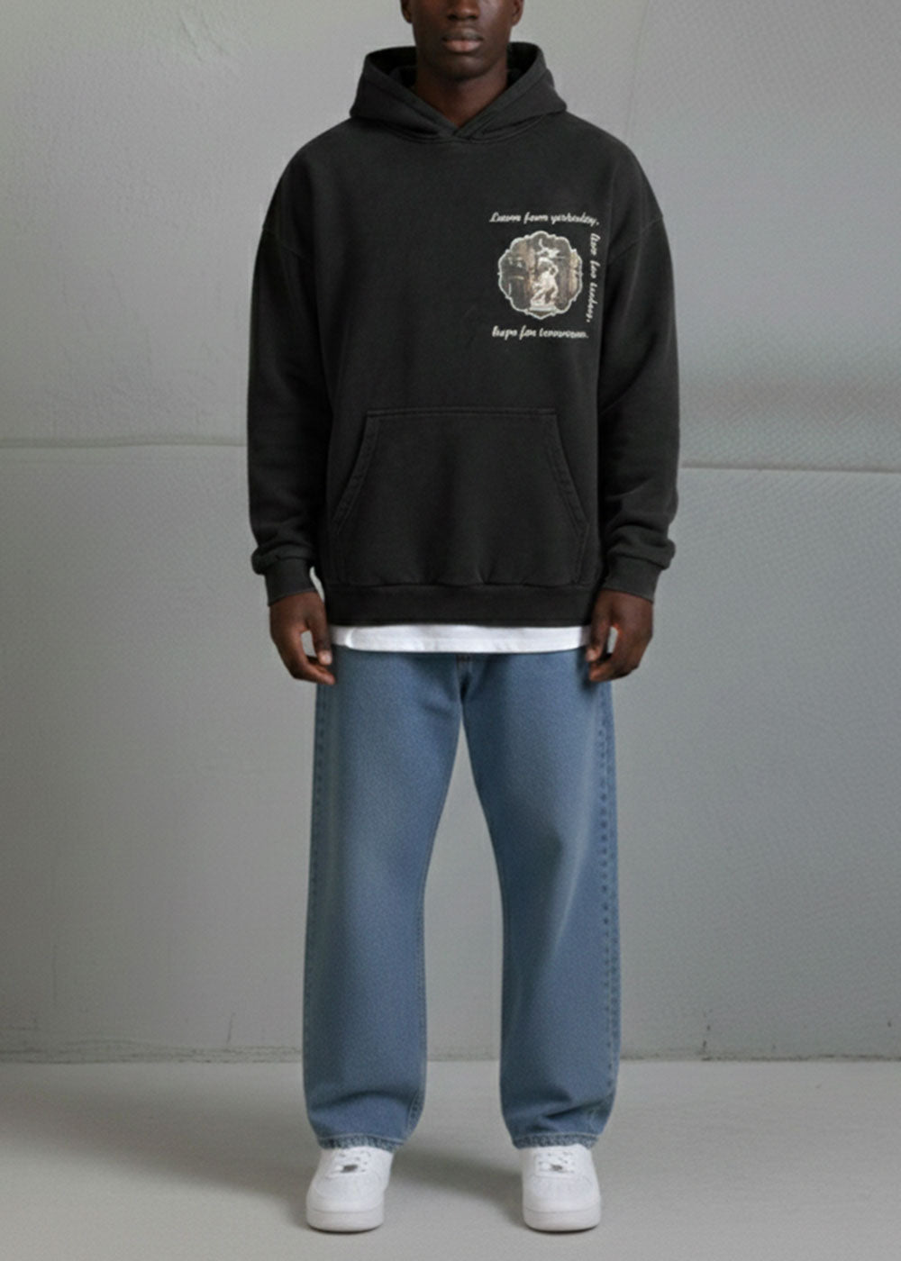 Learn / Live / Hope Oversized Hoodie με Renaissance Art & Quote Εσωτερική Επένδυση – Μαύρο